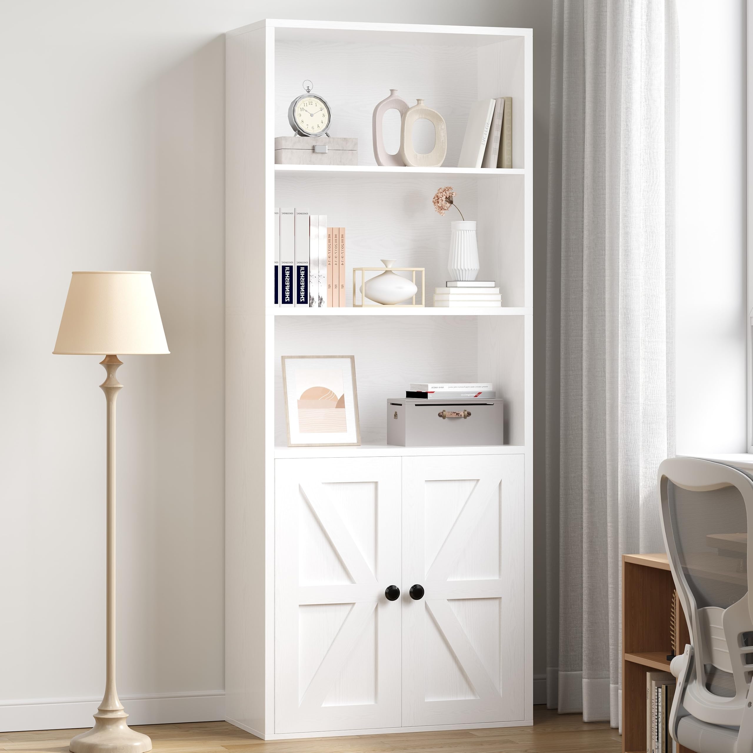 IRONCK Bookcase, 5-Tier Tall Bookshelf with Doors, 60x29.9x150cm, White