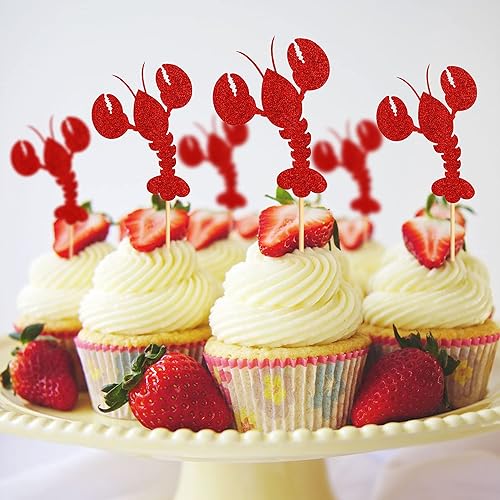 Miniatura 10 de Ercadio Paquete de 24 adornos para magdalenas de cangrejo de cangrejo rojo con purpurina roja para magdalenas de langosta del océano, fiesta