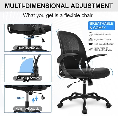 Miniatura 7 de Primy Silla de oficina ergonómica con reposabrazos abatibles, silla giratoria de malla transpirable para computadora con soporte lumbar ajustable y