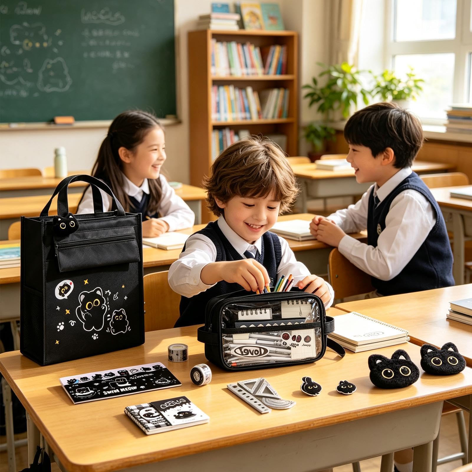 Set Di Cancelleria Kit Organizer Per Cancelleria Gatto Nero Grande Capacità | Set Materiale Scolastico Per Bambini Studenti Adolescenti Insegnanti Casa Classe Dormitorio Università