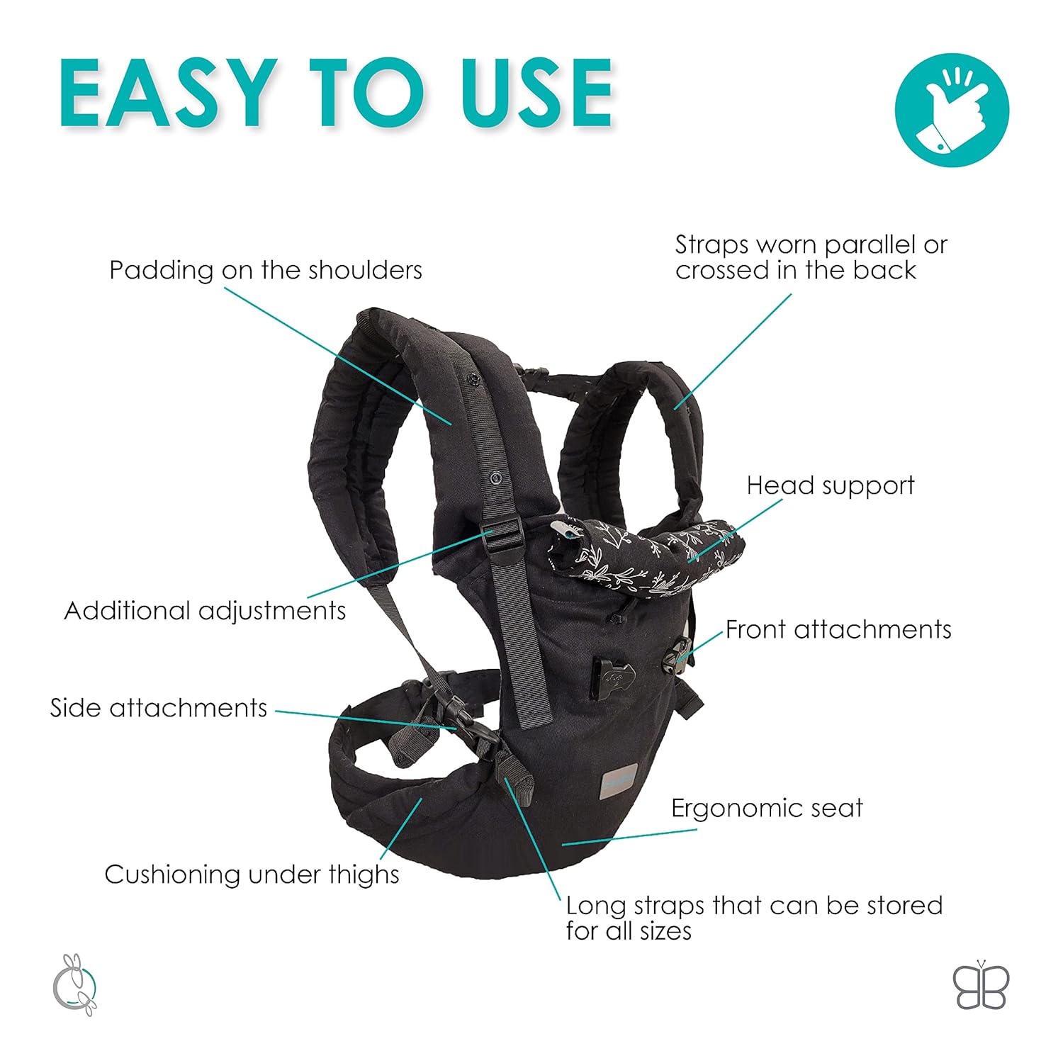 bblüv Pöp’NGO Baby Carrier Wrap - Adjustable Backpack & Front Chest Holder Wearing Harness Sling with Six Positions, Includes Head Cushions, Travel Bag, for Newborn, Infant, & Toddler (Black)