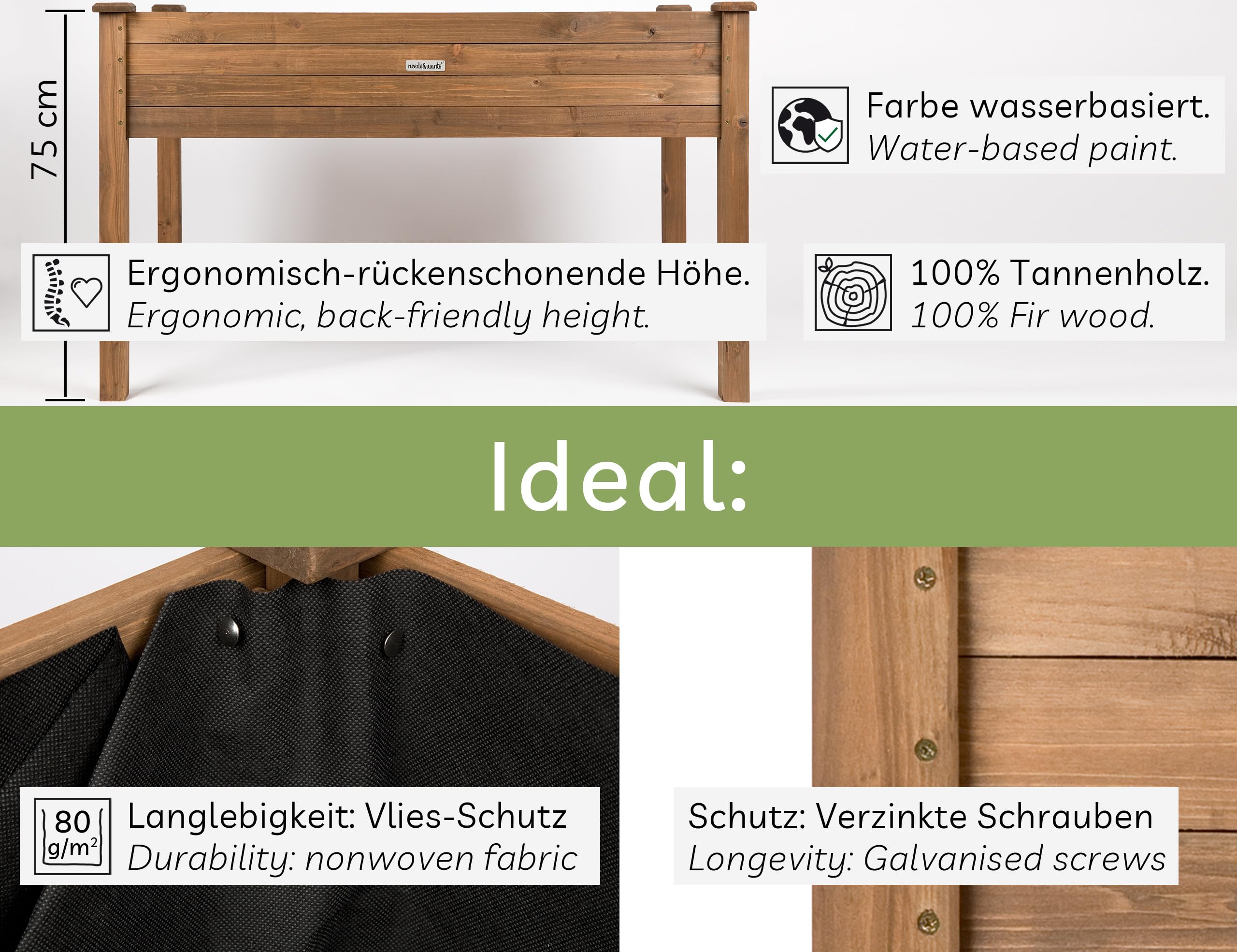 needs&wants® Großes Hochbeet aus Holz für Garten Balkon Terrasse, Pflanzkasten Bausatz XL rechteckig schmal mit Vlies-Folie, Kräuterbeet Pflanzenkasten deko, 121 x 63 x 75 cm, dunkel-braun