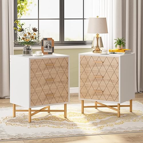 Tribesigns Juego de 2 mesitas de noche de 3 cajones, mesa auxiliar de cama moderna para dormitorio, mesita de noche alta con cajones, mesa auxiliar