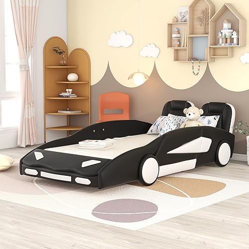 Merax Cama de plataforma moderna en forma de auto de carreras de madera con respaldo de asiento cama de suelo para niños y niñas no necesita somier