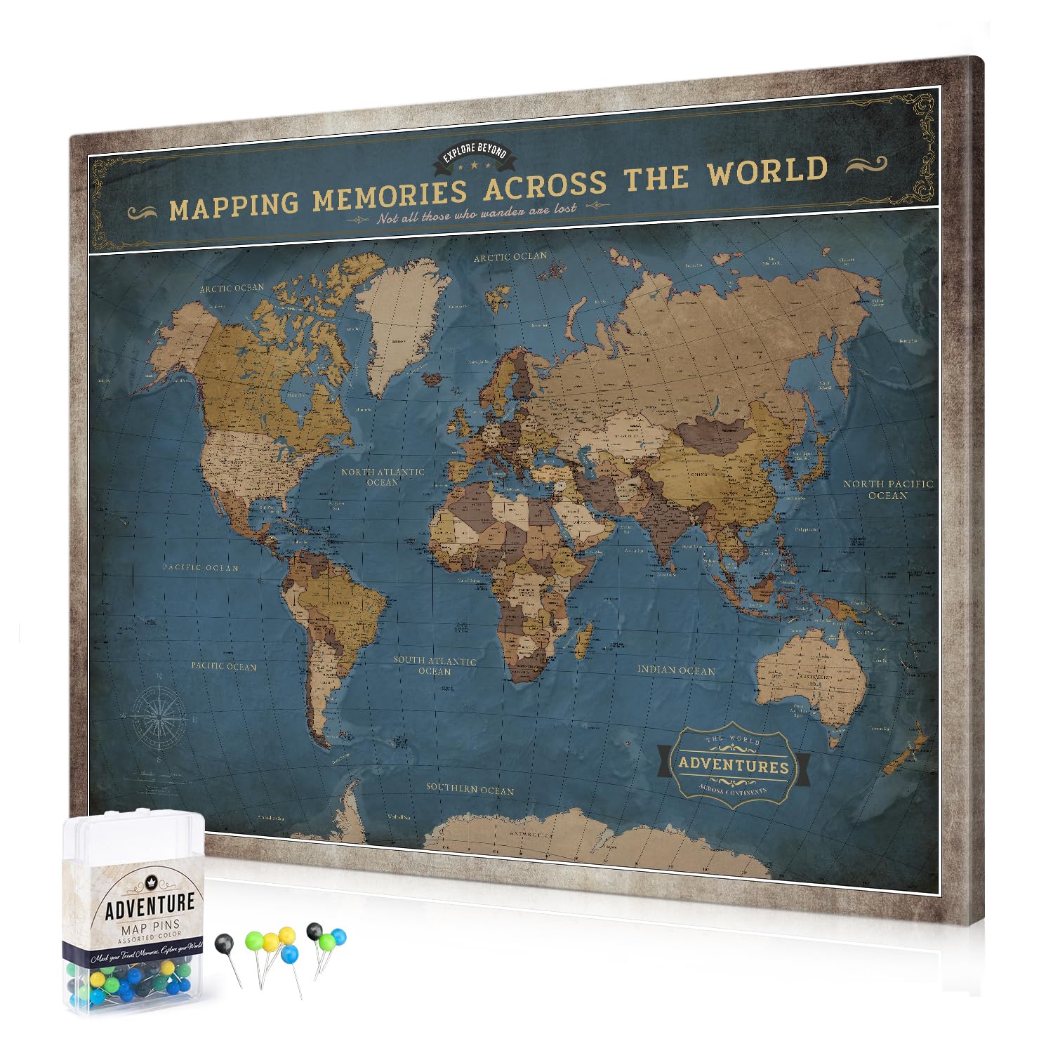 DECORARTS World Map Pin Board,Deep Blue World Travel Map with Pins,35x28''