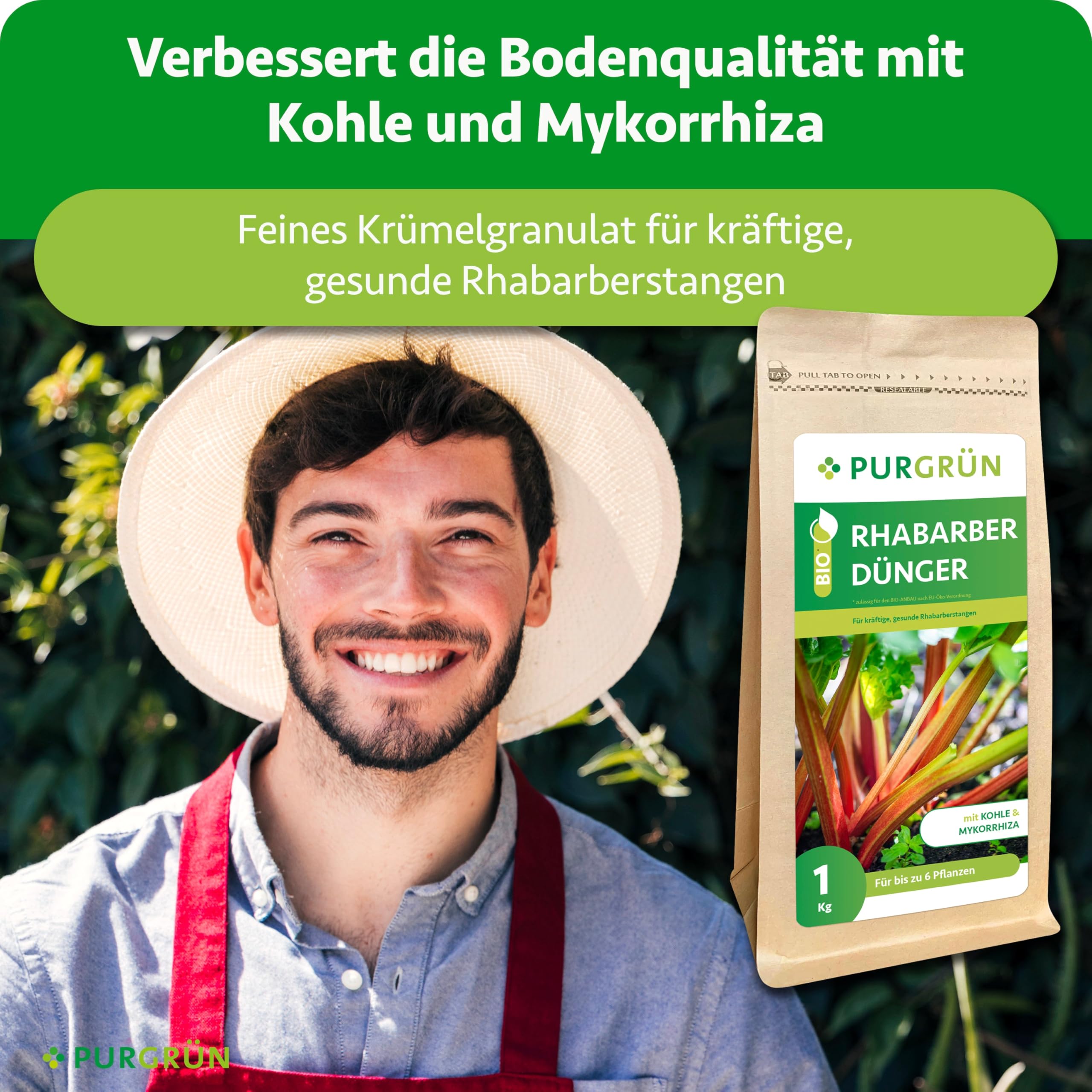 Bio-Rhabarber-Dünger 1 kg – Organisch-mineralische Rezeptur – Feinkörniges Krümelgranulat – NPK 6+4+5 – Mit Magnesium für aromatischen Rhabarber – Verbessert die Bodenqualität
