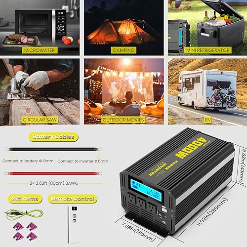 Miniatura 5 de Inversor de corriente de onda sinusoidal modificada de 4000 vatios, 12 V CC a CA 110 V120 V (pico) Convertidor de 5000 W, inversor de automóvil de 3
