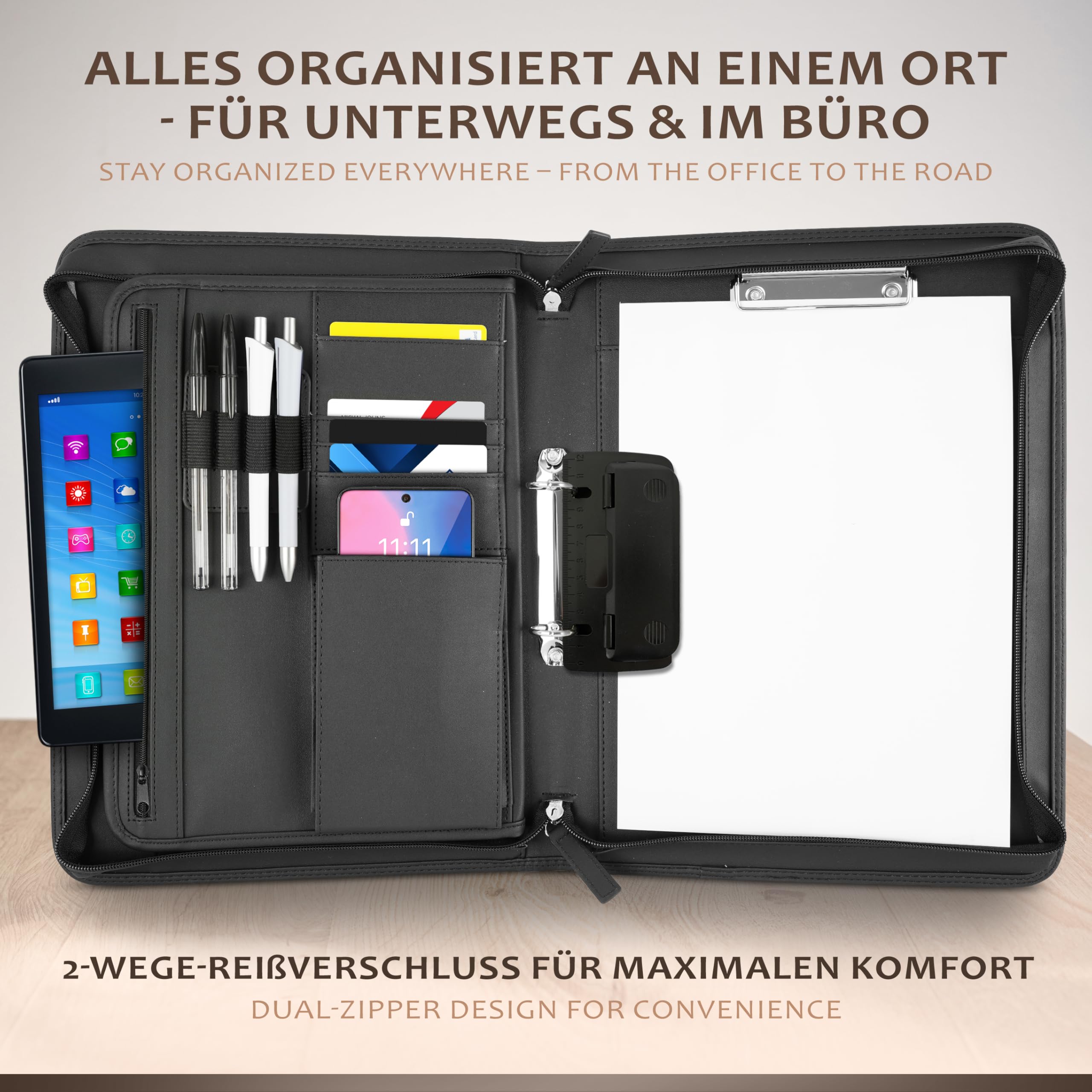 ONVAYA® Konferenzmappe A4 mit Reißverschluss & Ringbuch - Schreibmappe aus Kunstleder - Dokumentenmappe mit Schreibblock & Locher - Business Mappe für Meetings - Praktische Aktenmappe