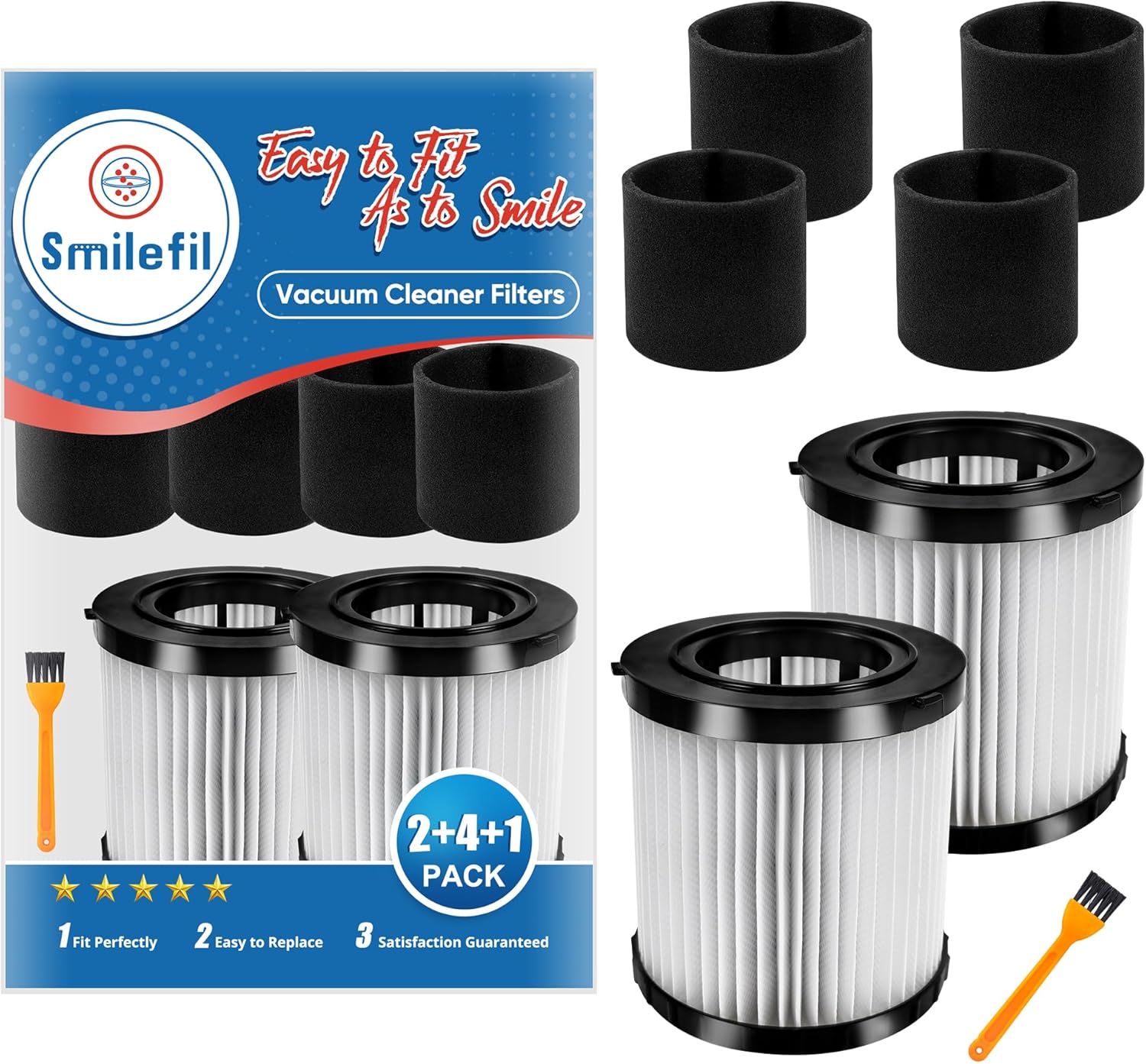 Smilefil 2-Pack DCV5801H HEPA Replacement Filters Compatible with DEWALT DCV580H (Cordless) & DCV581H 20V MAX Wet/Dry Vacuum, Washable & Reusable with 4 Foam Sleeve Filters & 1 Brush