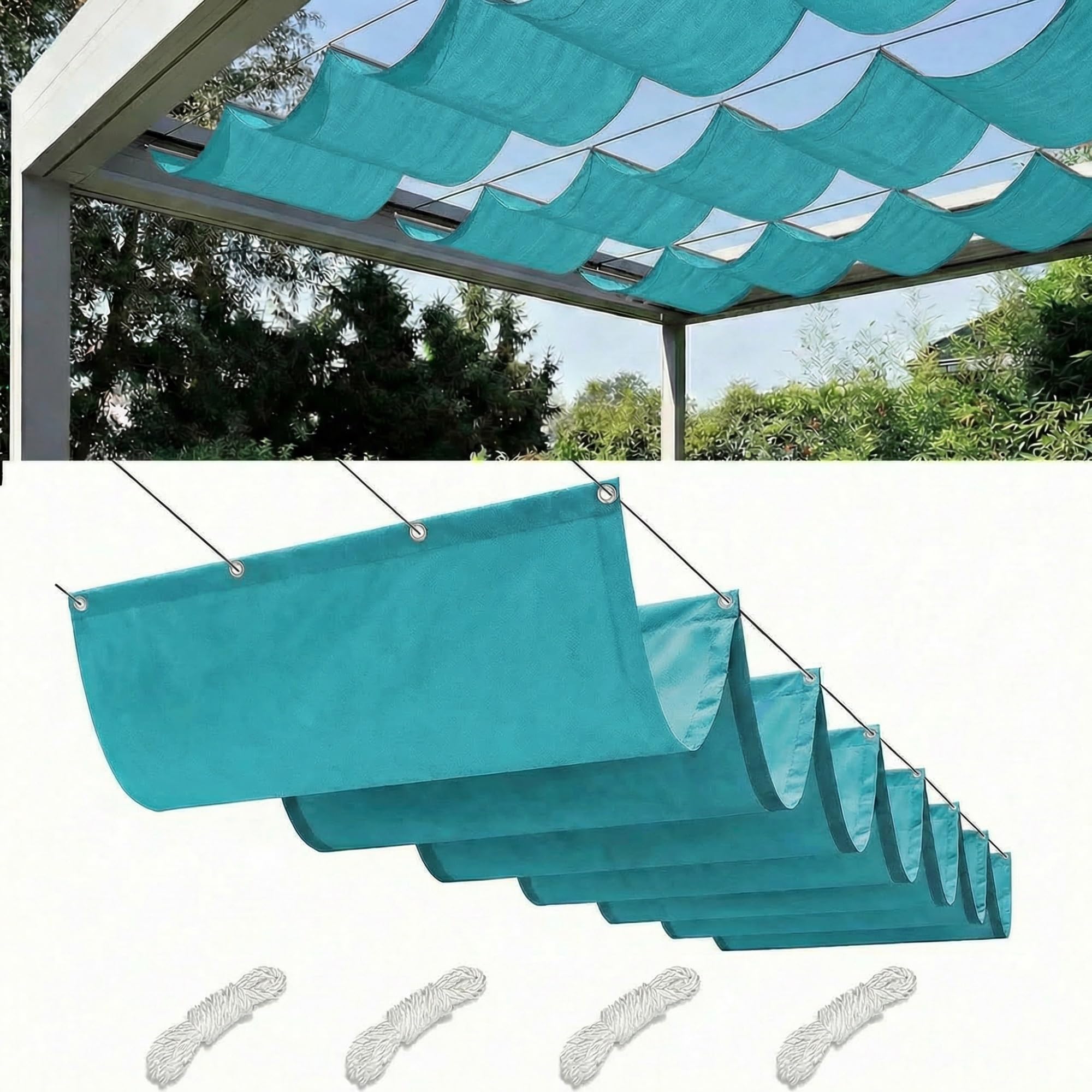 Retractable Wave Sun Shade Sail Waterproof Pergola Cover 95% UV Protection Outdoor Awning Canopy with Ropes for Patio Garden Deck Porch BBQ Shelter Privacy Screen Summer(Lake Blue,2x5M(L x W)) — image 1