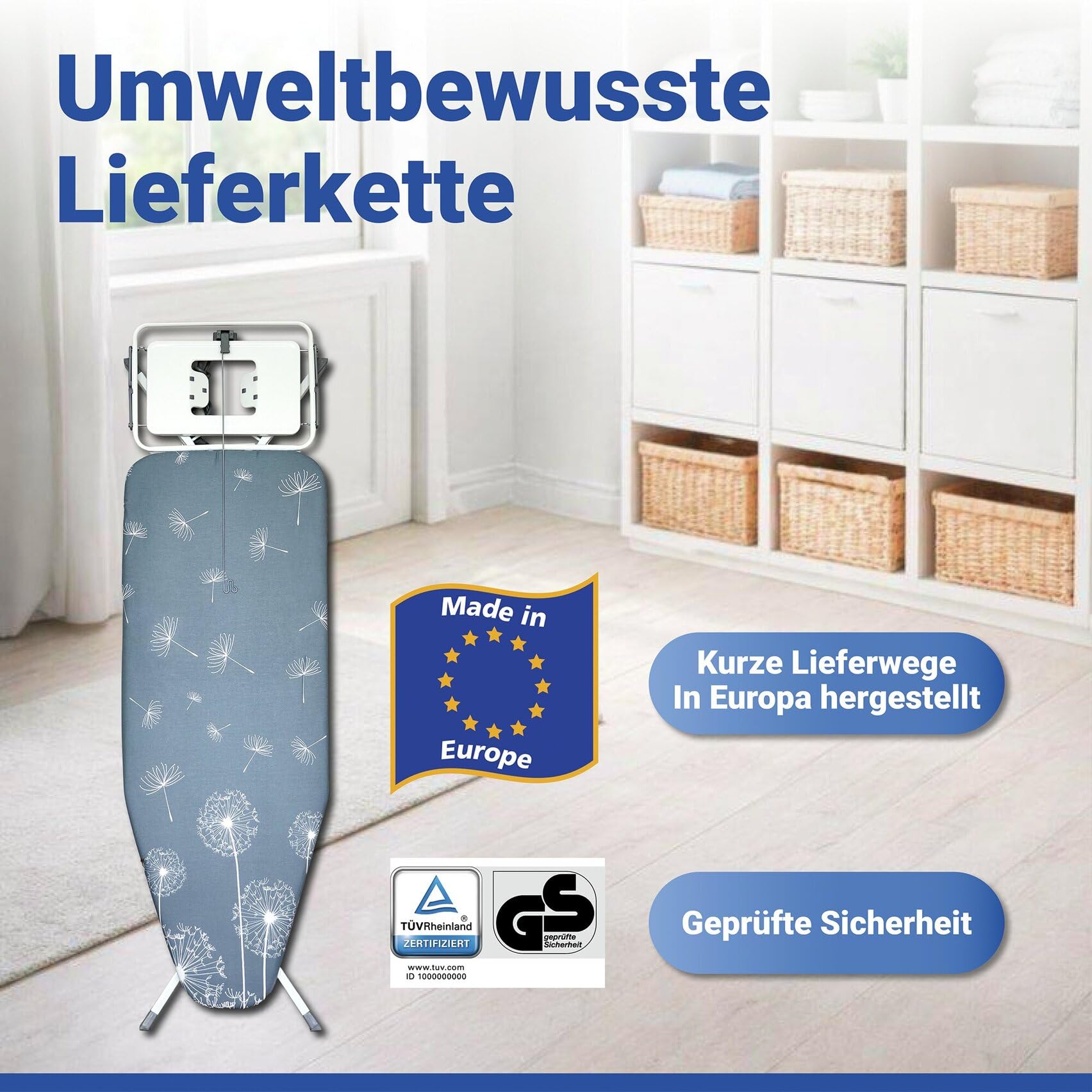 WENKO XXL Bügelbrett für Dampfbügelstation & Dampfbügeleisen, standfest | Bügeltisch 130 x 48 cm, TÜV/GS, höhenverstellbar, mit Steckdose, absenkbare Ablage & Polsterung, weiß/grau, Mod. Professional
