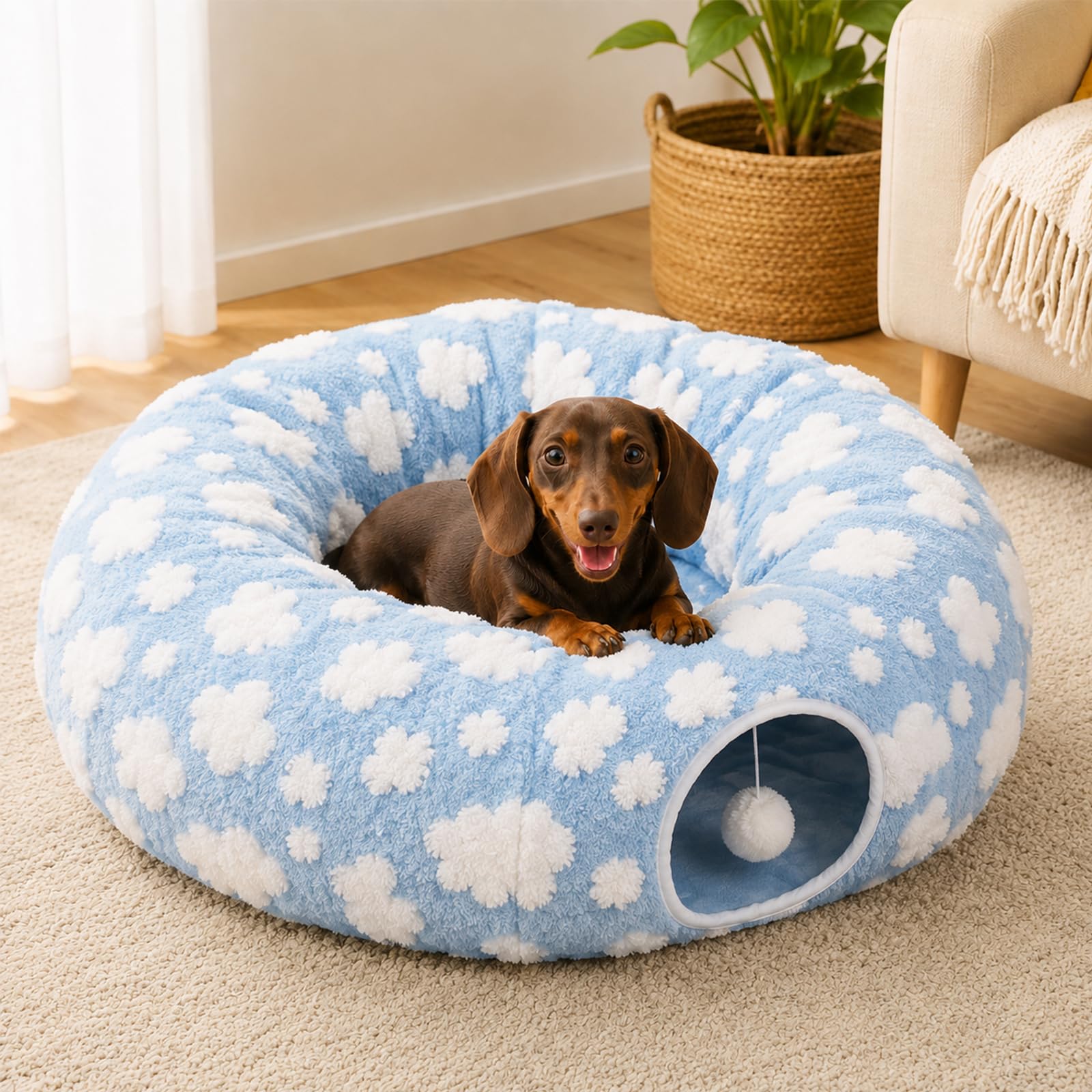 2026 New Dachshund Tunnel Bed - Flower Design Plush Foldable Dog Bed, 2 in 1 Detachable Dog Cat Tunnel Bed for Indoor Cats Tunnel Donut with Cushion and Play (Blue)