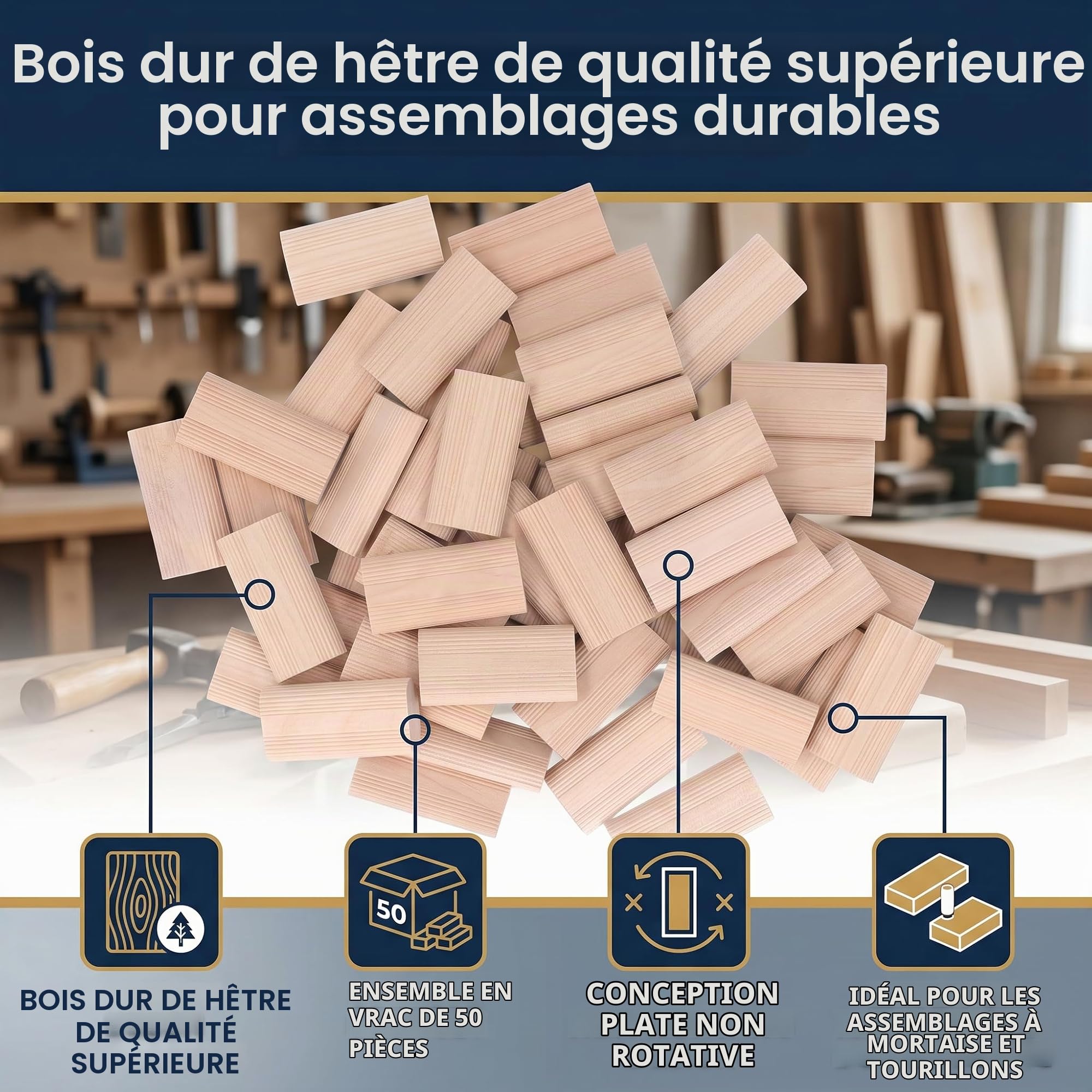 Tenon Domino Hêtre Bois Massif 50 Pièces - Connecteur Précis pour Épissage Meubles en Bois Dimensions 6x20x40mm Idéal Fabrication Artisanale Réparations Robustes