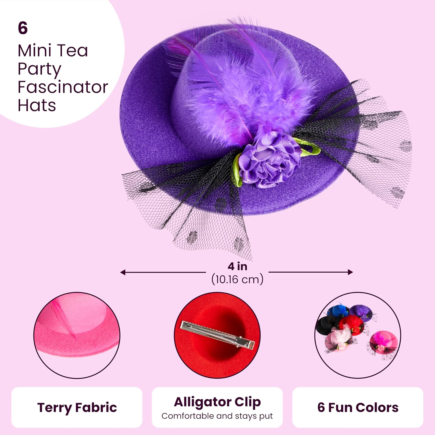 Juvale Mini Tea Party Hats - Clip-On Fascinator Hats for Women & Girls - Feather & Flower Accents for Tea Party Decorations - Pack of 6, 4 in, Multicolor