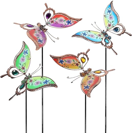 Juegoal Set of 4 Butterfly Garden Stake Decor, 32" Metal Colorful Butterflies Stakes, Yard Art Ornaments for Mom, Mothers Day Ideal Gifts, Outdoor Lawn Porch Pathway Patio Plant Pot Flower Bed