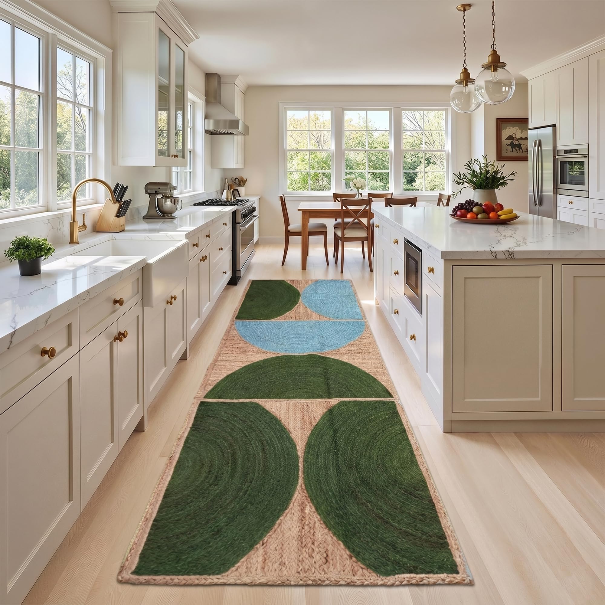 Tapis de couloir en jute naturelle bleu ciel et blanc déco maison