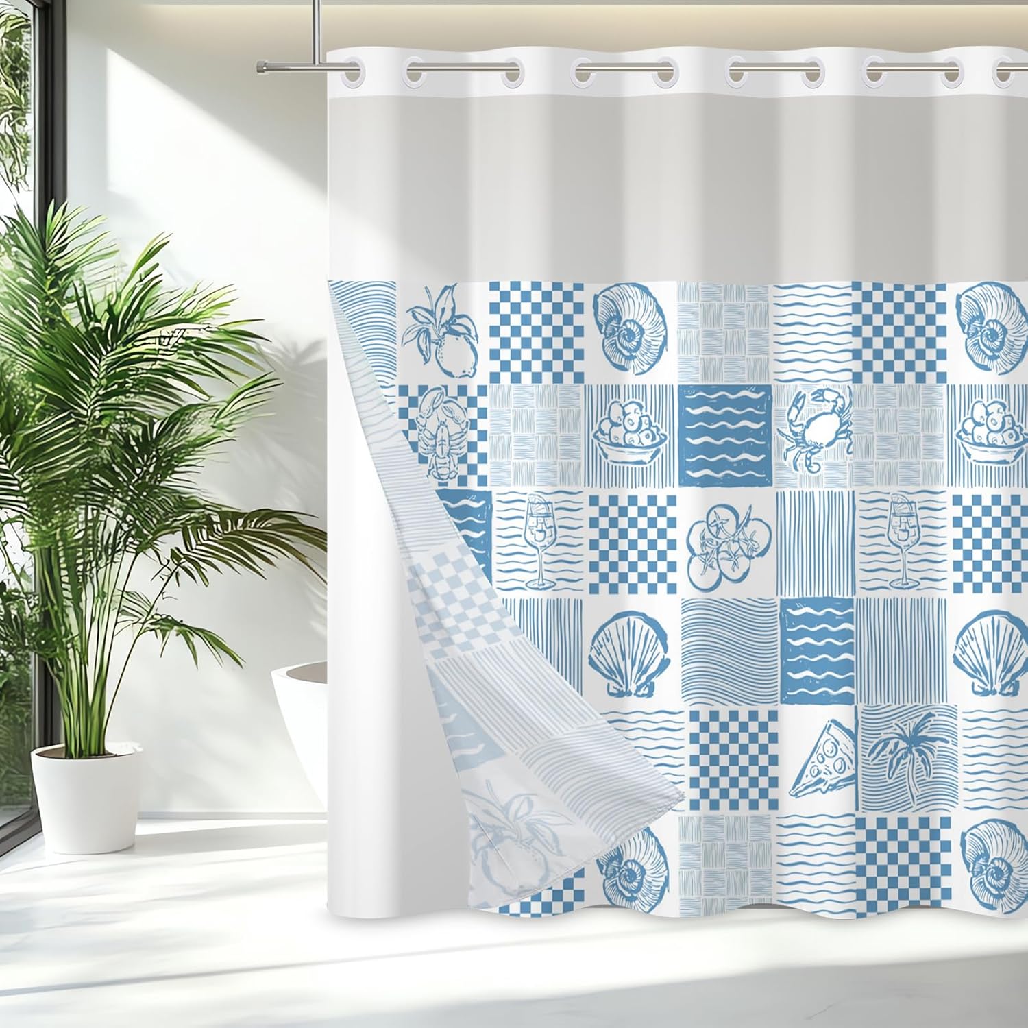 71x71 Inch Without Hook Ocean Shower Curtain and Liner Set Crab Shell Conch Light Blue Coastal Snap in Shower Curtains for Bathroom Sea Beach Holiday Tropical Simple Sketch Bathroom Set