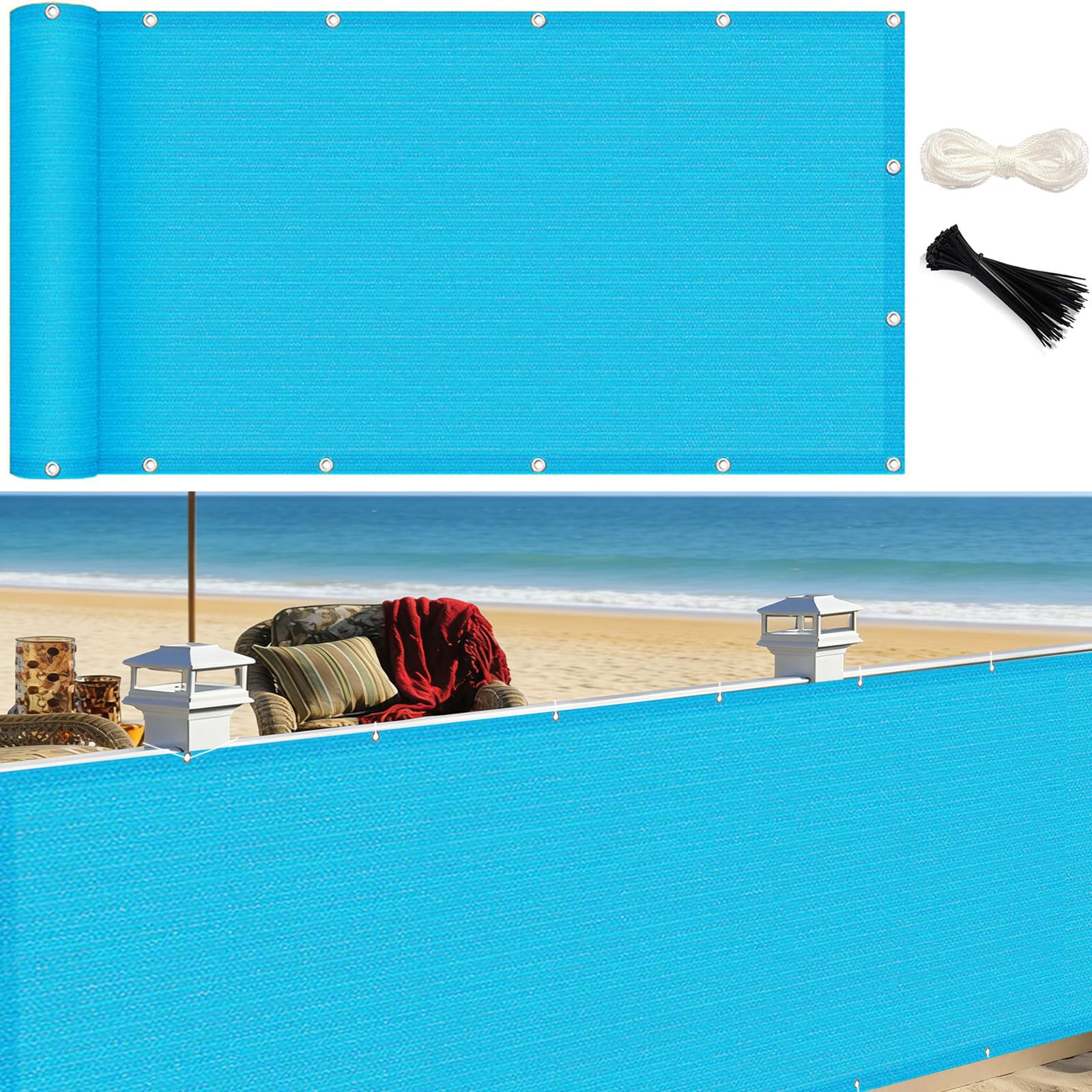 Brise vue balcon 115x330 cm GUOJUN en HDPE ciel bleu avec oeillets