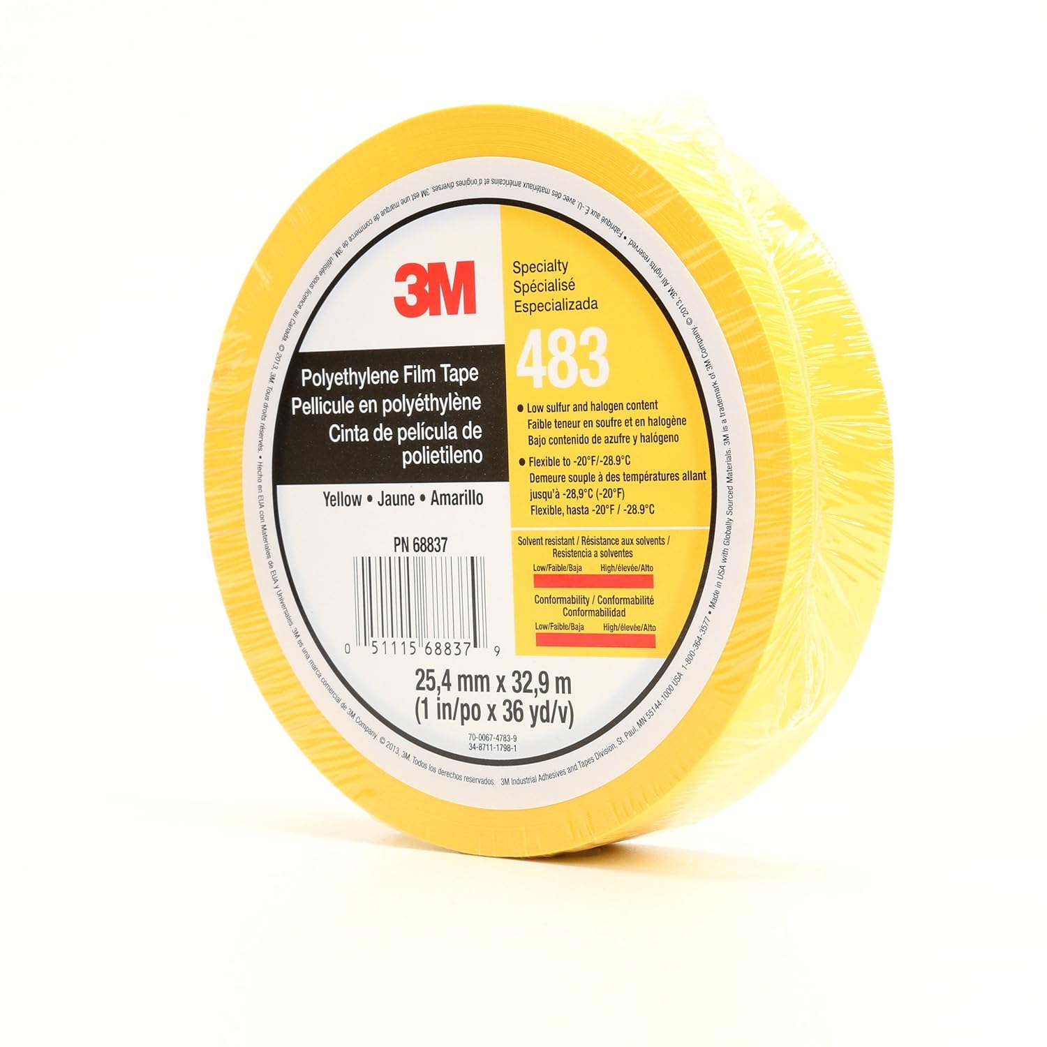 3M Polyethylene Tape 483, Yellow, 1 in x 36 yd, 5.0 mil