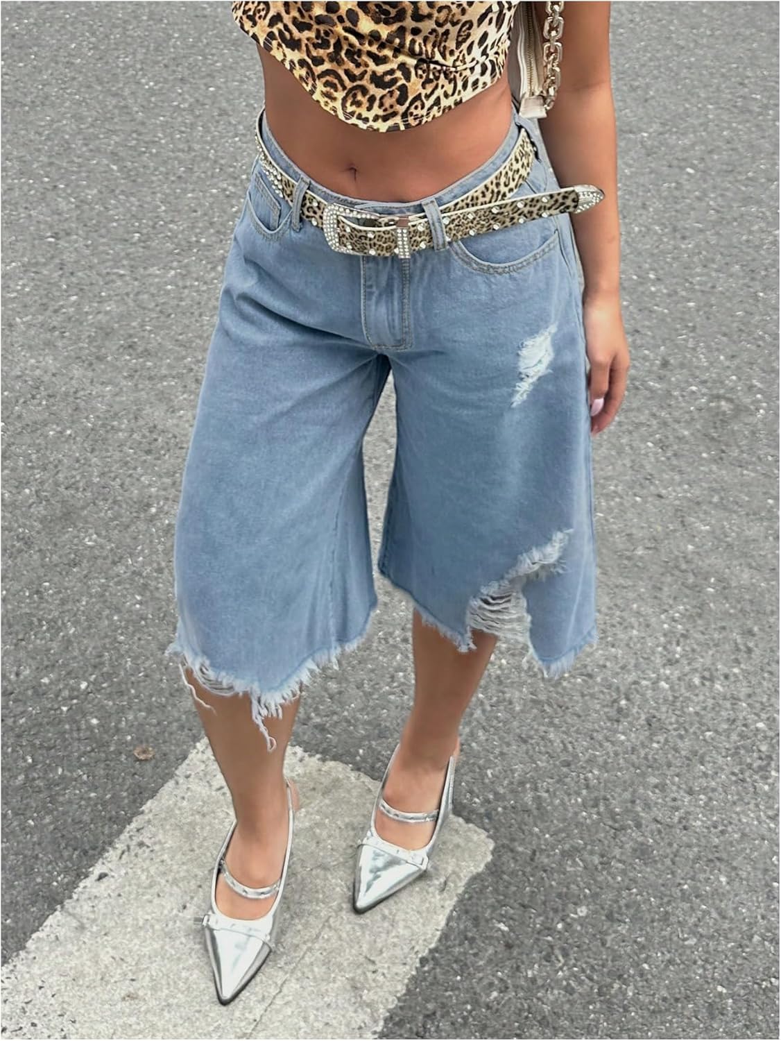 SOLY HUX Women's Summer Ripped Denim Shorts Y2k Wide Leg Baggy Cropped Jeans Capris Pants - Image 3