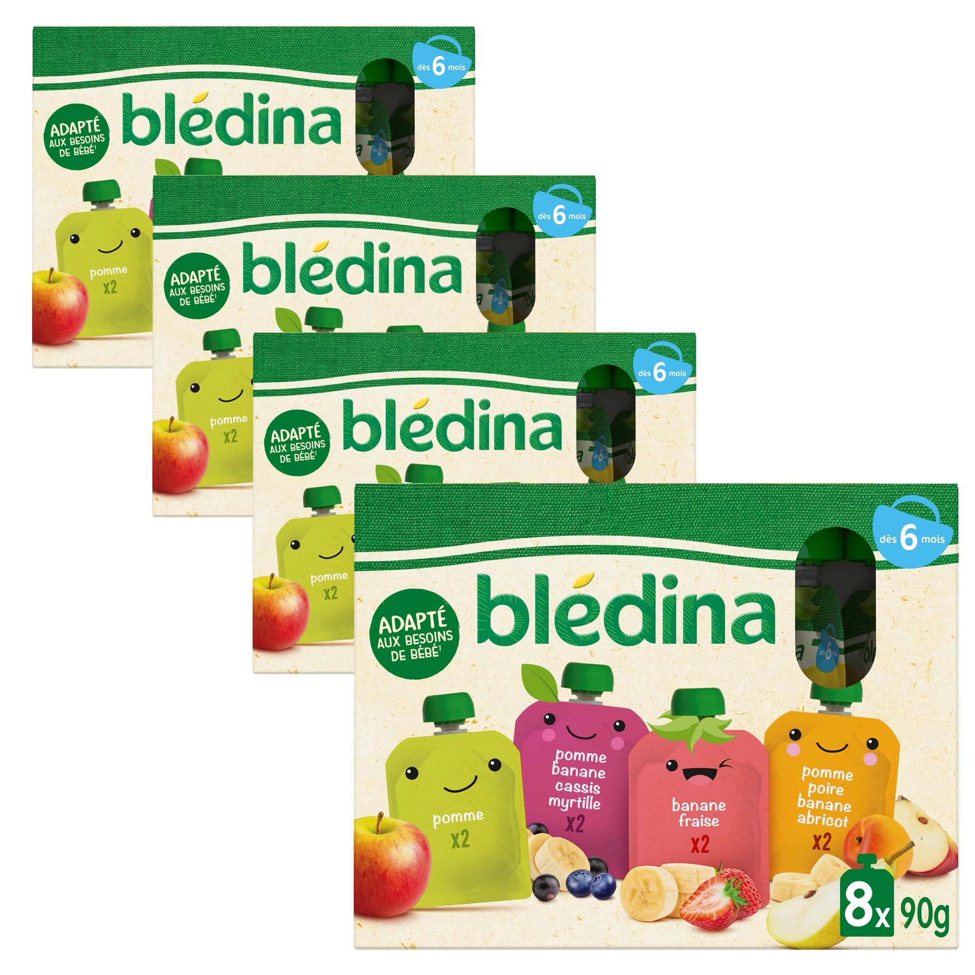 BLÉDINA - Gourdes de Purées de Fruits Bébé - Pomme, Poire, Banane, Abricot, Fraise, Cassis, Myrtille - dès 6 Mois - 32 x 90 g