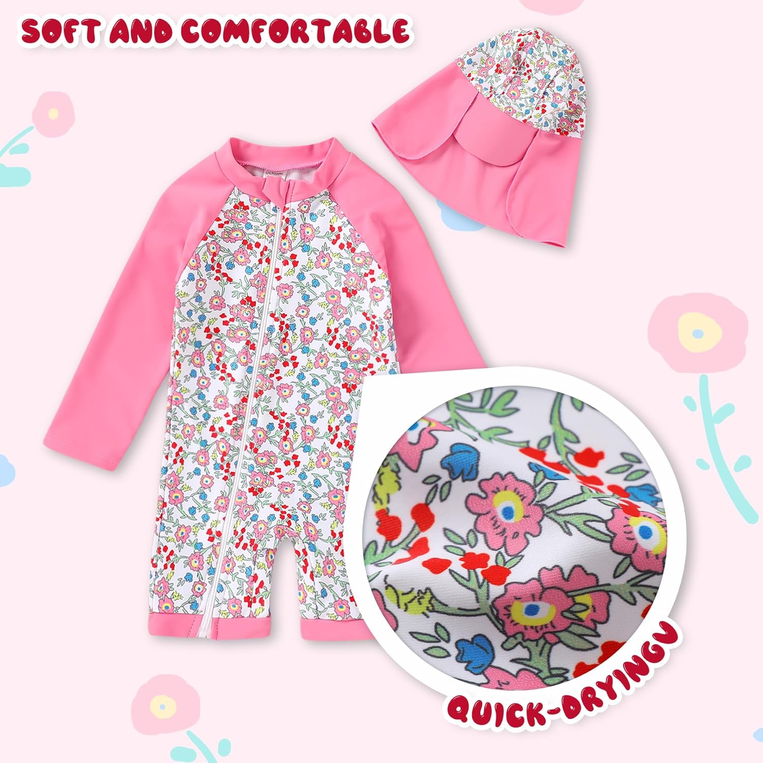 Toddler Baby Girls Swimsuit One-Piece Zipper Swimwear UPF 50+ Sun Protection Bathing Suit with Hat - Image 6