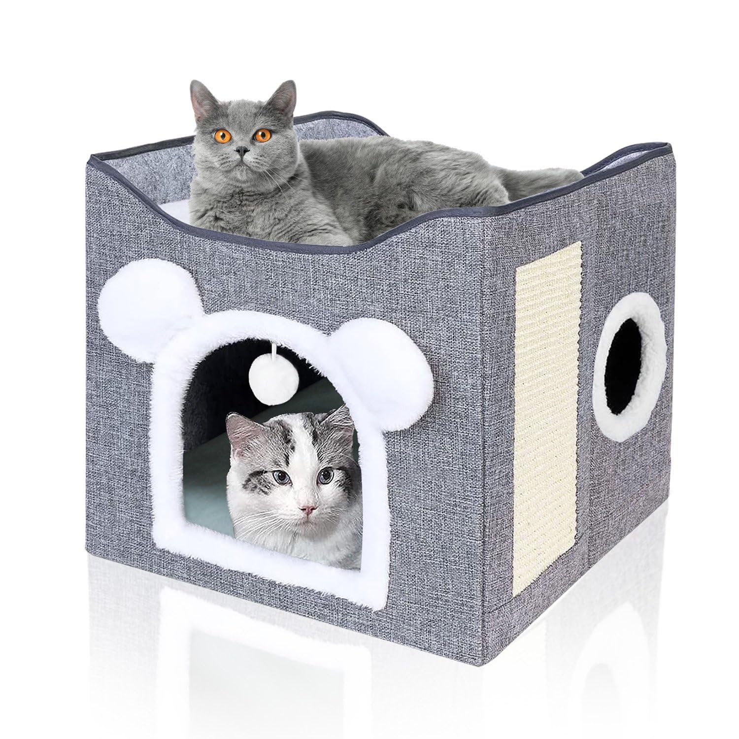 Faltbares Katzenhaus KatzenhöhleIndoor, schönHaus für Katzen mit Terrasse, Katzenhöhle 2 Schicht, mit Kratzbrett und Spielball, katzenbett für 2 Katzen, 42 x 40 x 39 cm, Grau