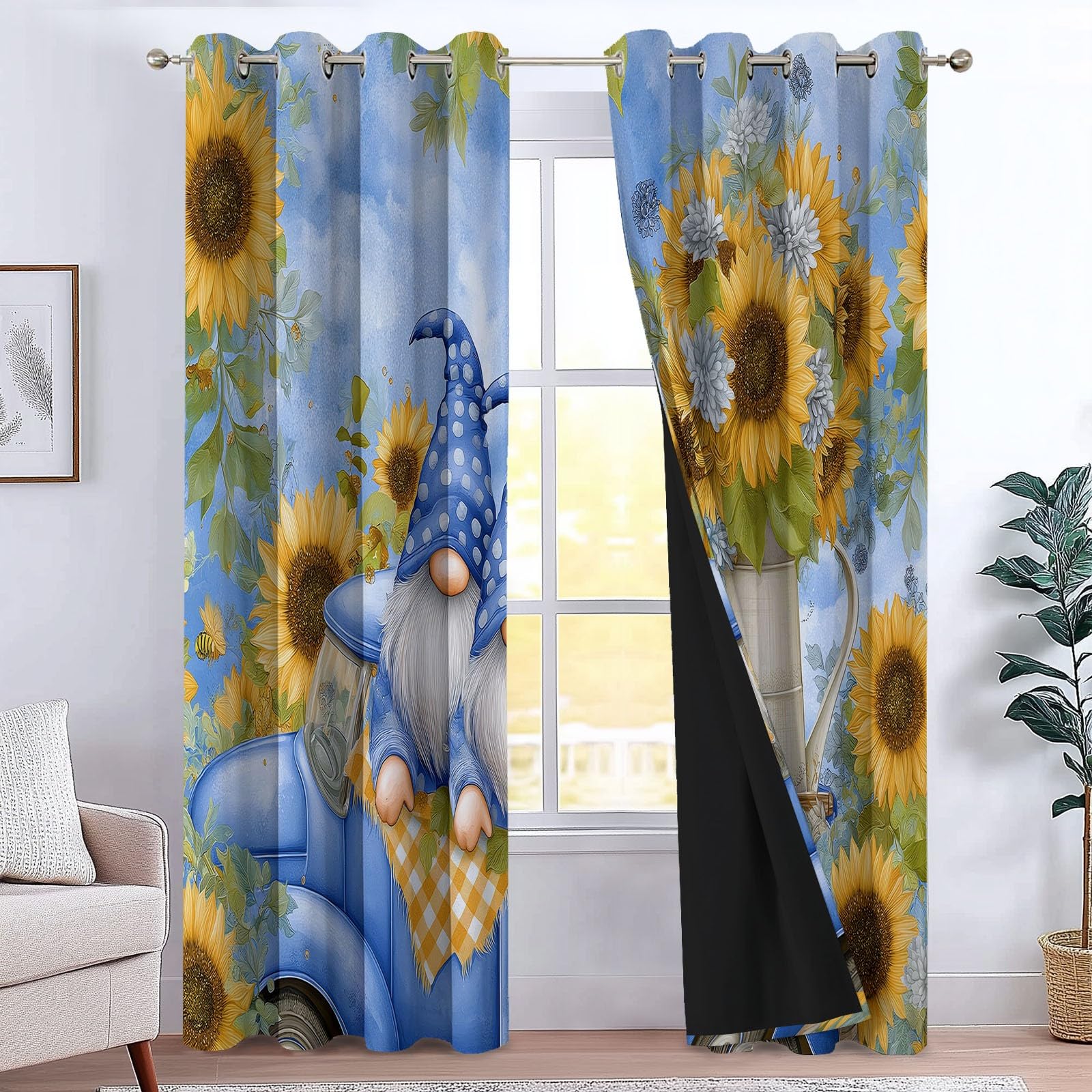 Générique Rideaux Occultants Enfant Nains Tournesols 110 x 215 cm (L x H), Isolation Phonique à Œillets Camions Abeilles, pour Chambre Garçon (2 Panneaux) Bleu Clair