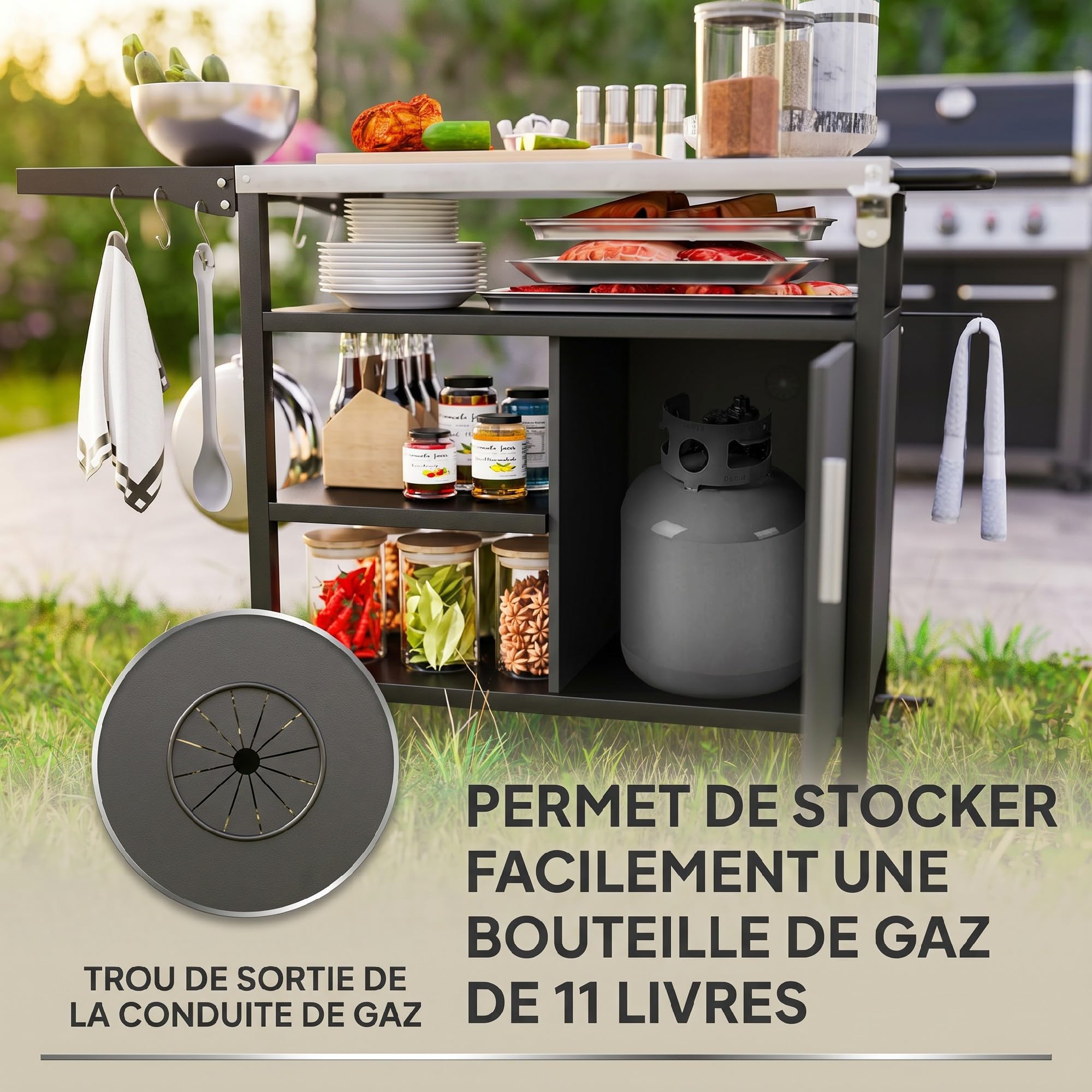 Outsunny Desserte de Jardin Chariot de Barbecue avec Plateau en Acier Inoxydable, Tablette Rabattable et Crochets, Housse Fournie, Meuble de Service Extérieur à roulettes pour Plancha, 127x51x84cm