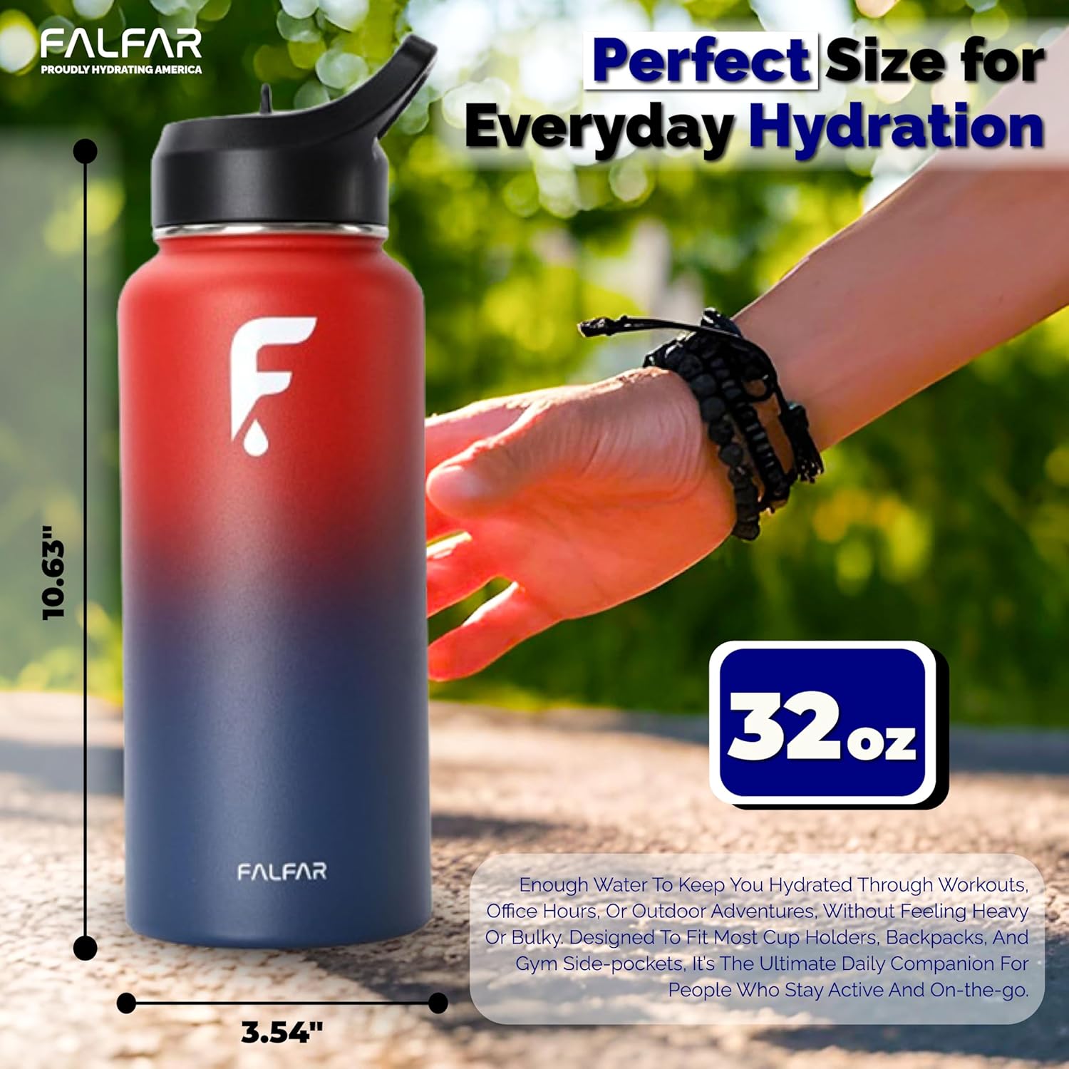 Red-Blue Gradient – Energy Edition FALFAR HydraBottle 32oz Gradient Insulated Water Bottle – Stainless Steel Double Wall Flask, Hot & Cold Bottle for Gym, Travel & Outdoor Use, Leakproof & BPA-Free