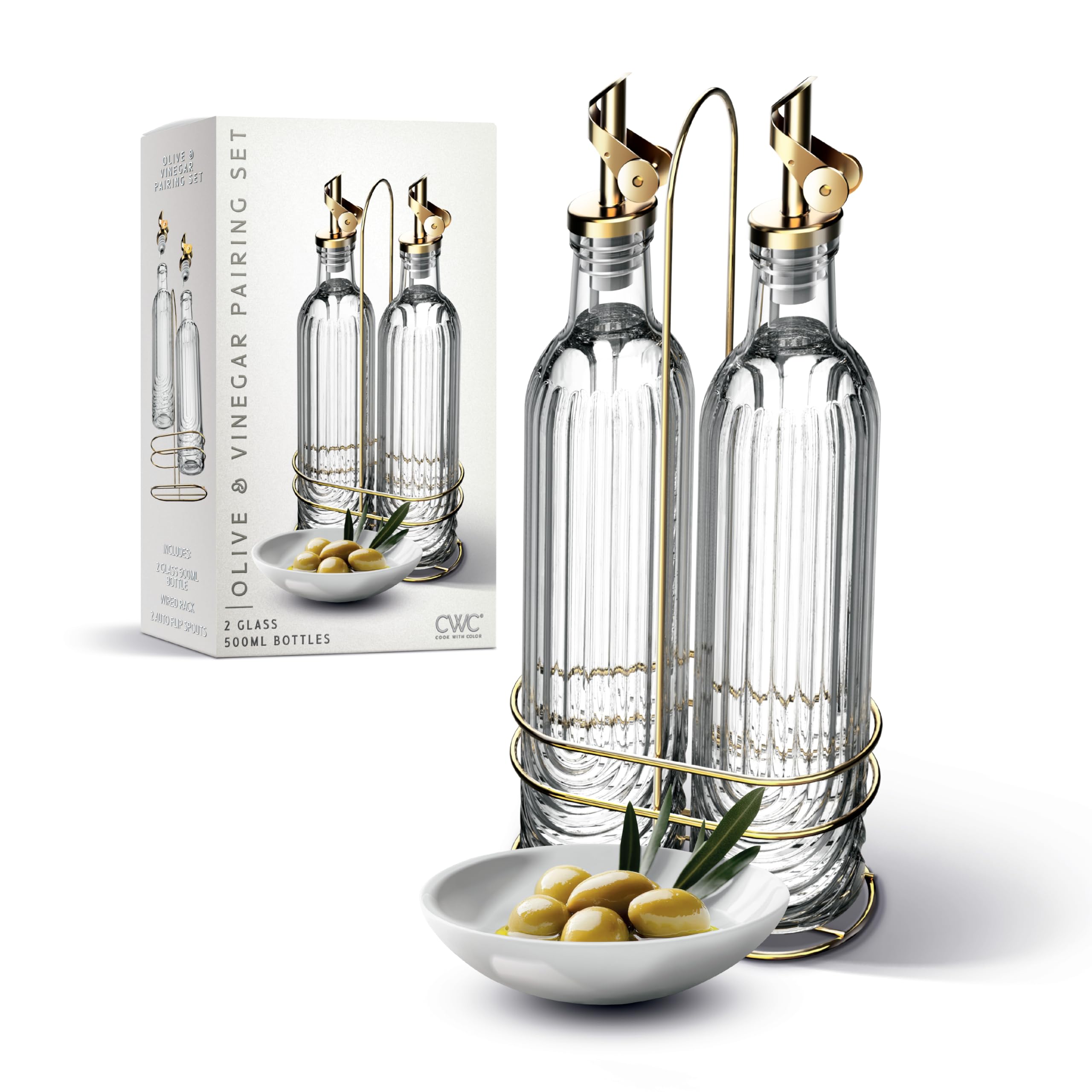 COOK WITH COLOR Glass Olive Oil Bottle Dispenser - 2 Pack- 17oz Oil and Vinegar Cruet - Olive Oil...