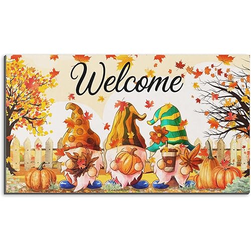 Arttown Dwarf Pumpkin Fall Door Mat,17 x 30 Inch Maple Leaves Welcome Doormat Decorative Home Floor Mat,Non Slip Rubber Back and Strong Water Absorption for Outdoor Indoor Entrance Decor