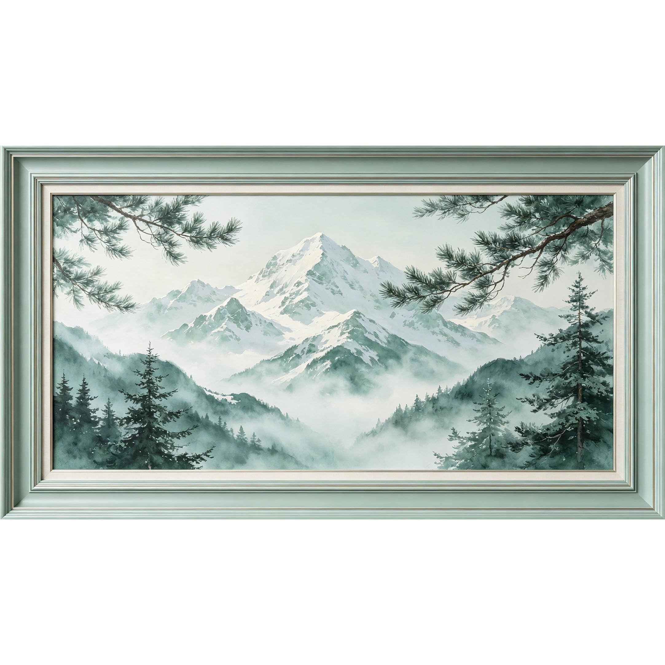QZLITHOTIC 50x90cm3D Framed Wall Art， Misty Mountain Forest Landscape Self‑Adhesive Mural， Water‑Activated Peel & Stick Fabric Decor Wall Decal for Bedroom Living Room