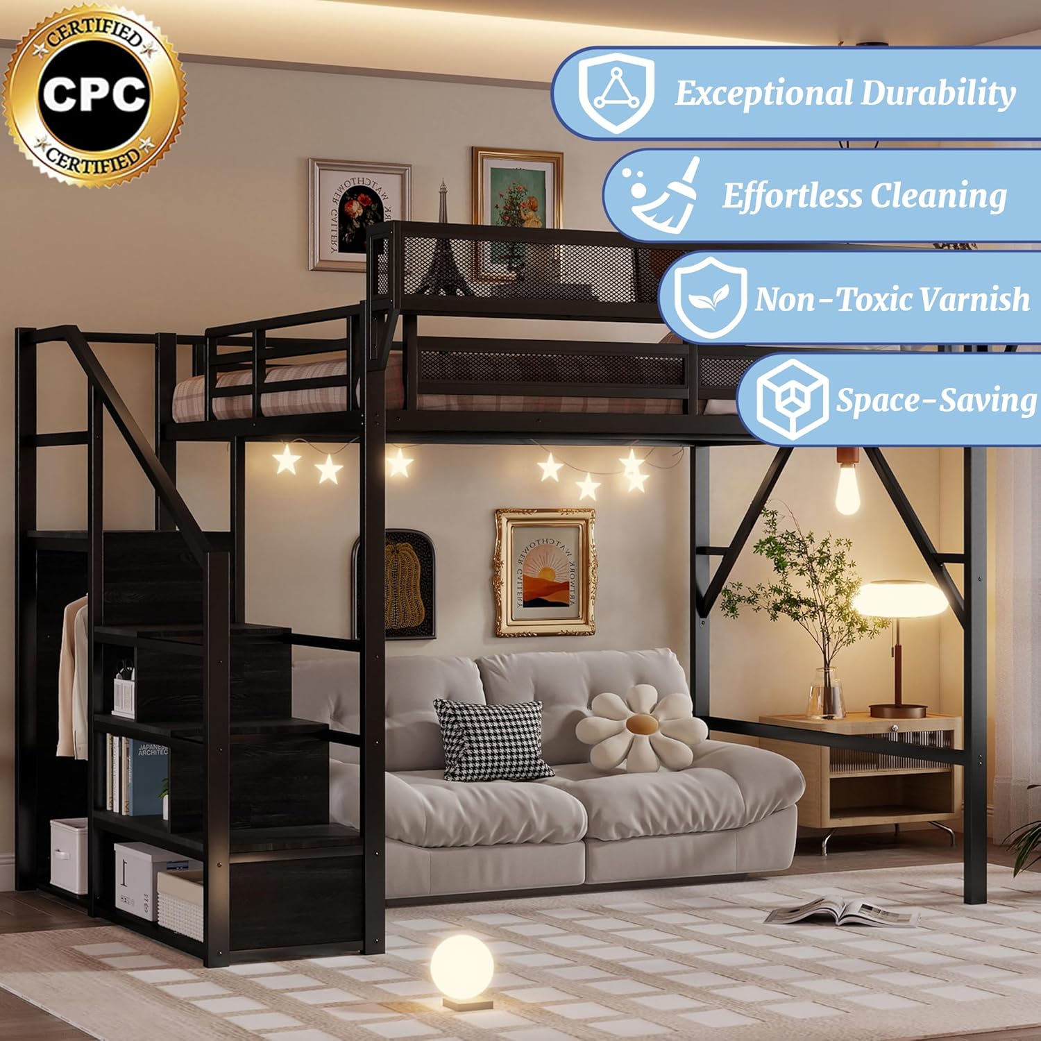 Queen Size Loft Bed Frame for Adults, Metal Loft Bed with Stairs & Storage, Wardrobe, Bedside Shelf and Large Under-Bed Space, Heavy-Duty Beds Frame for Kids Teens Adults, Black