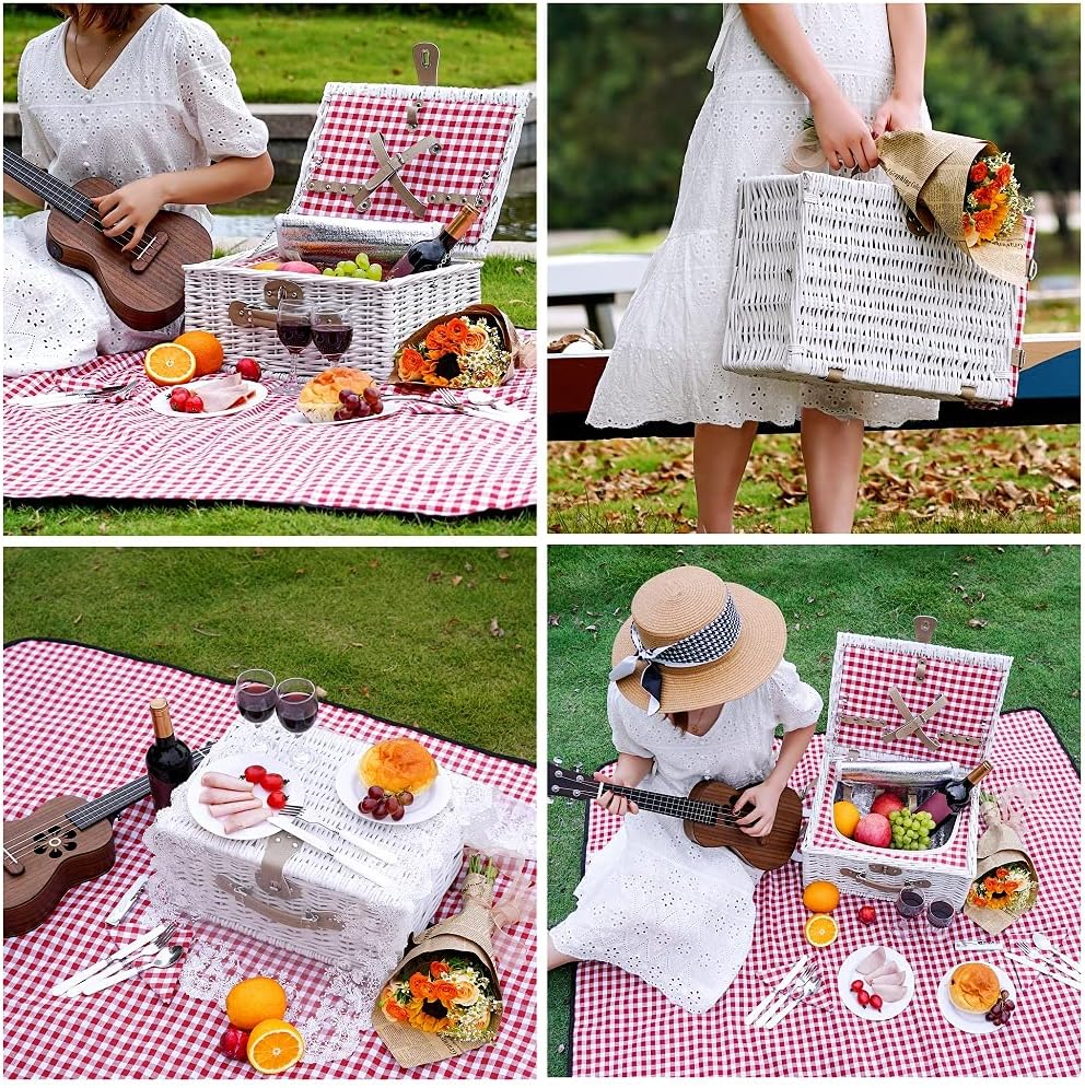INNO STAGE Romantic Wicker Picnic Basket for 2 Persons, Special White Washed Willow Hamper Set with Big Insulated Cooler Compartment, Picnic Blanket and Cutlery Service Kit for Thanksgiving Day : Patio, Lawn & Garden