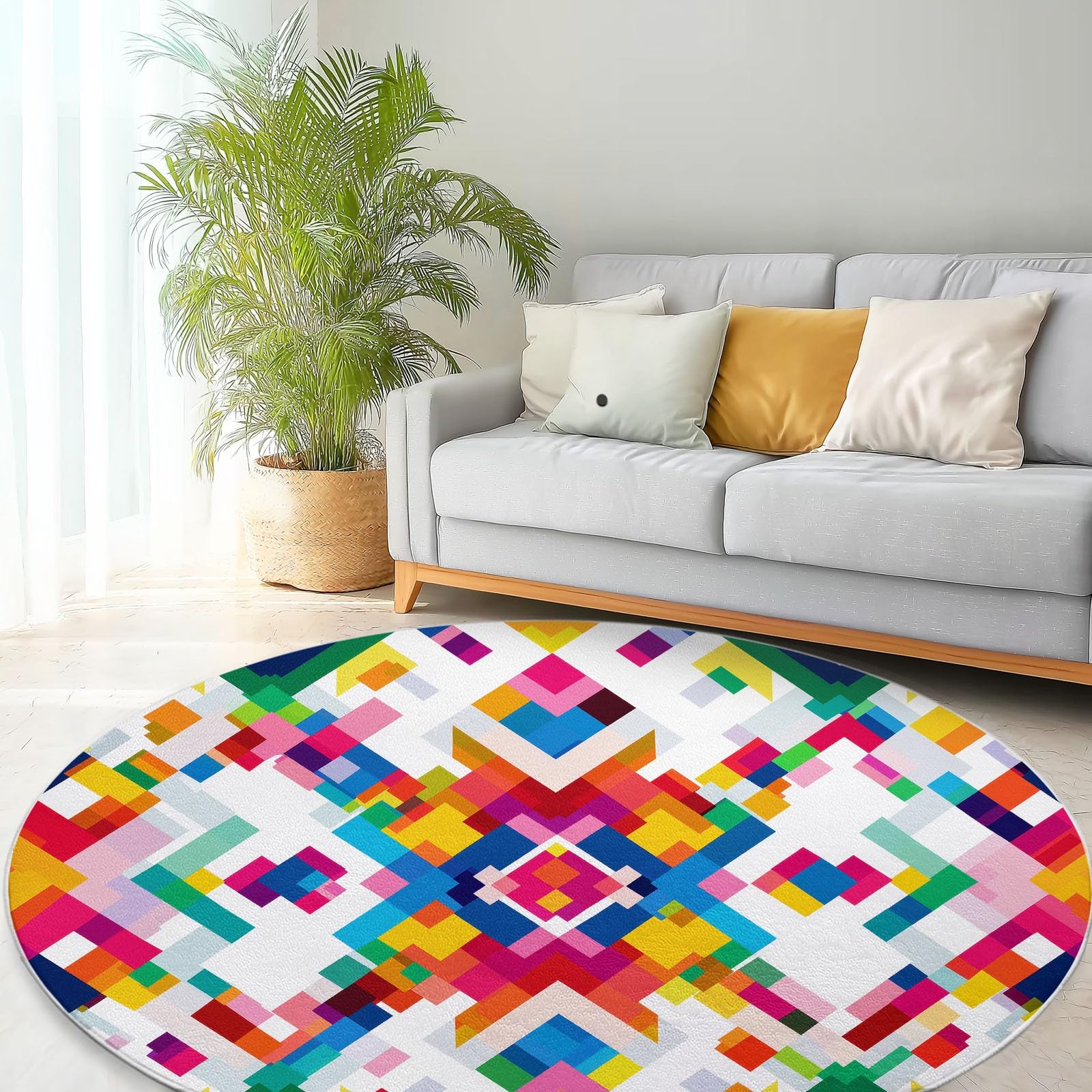 Tappeto Rotondo Moderno Lavabile 150 cm Vintage Azteco Geometrico a Diamante, Tappeto Antiscivolo Morbido Multicolore per Soggiorno Camera da Letto - Moquette Adatto a Bambini e Animali Domestici