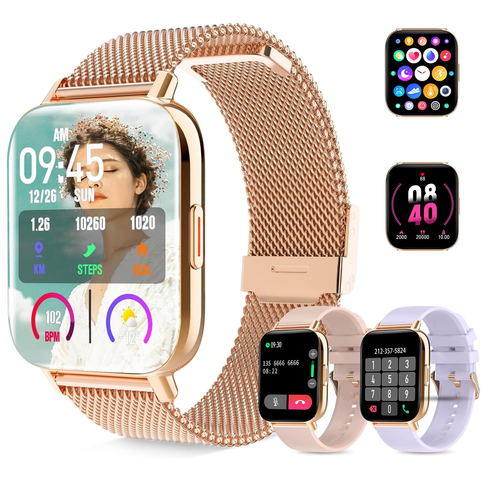 1,7 inch smartwatch voor dames, bluetooth-oproep en handsfree, 8 sporthorloge voor dames, fitness-stappenteller, hartslagmeter, bloeddruk, SpO2, slaapbewaking, Android iOS
