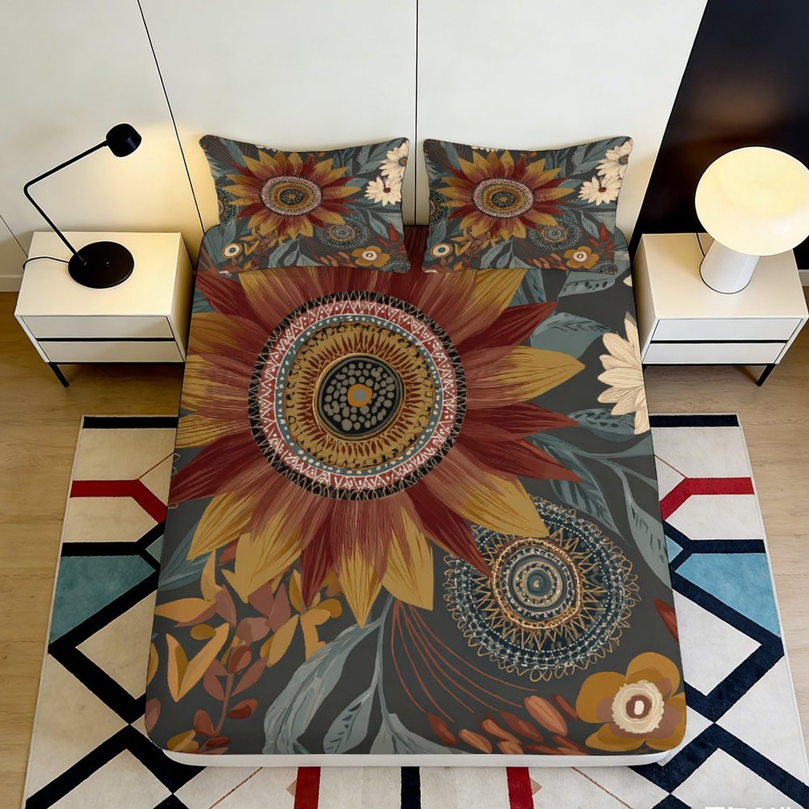 3D Printed Sunflower Mandala Fitted Sheet Microfiber Soft Non-Slip Bed Cover for Bedroom Guest Room Decor 140x200x25cm