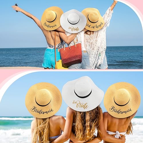 Miniatura 4 de Hsei Sombrero para el sol, 7 piezas de regalo de despedida de soltera, playa, novia y dama de honor, sombrero de sol ajustable bordado para