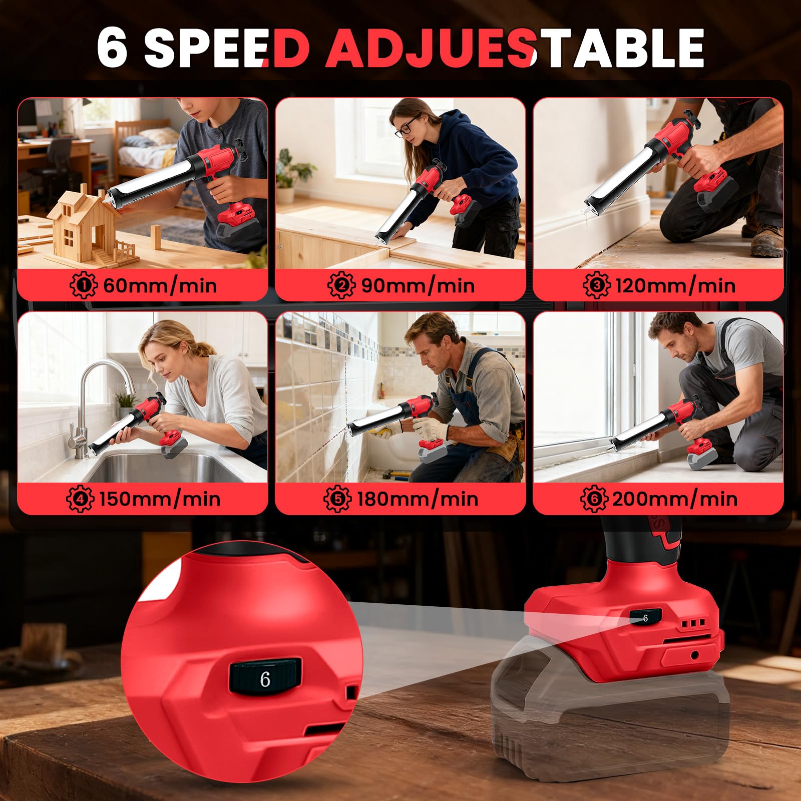 Pistola Selladora Inalámbrica para Milwaukee 18V (sin Batería) | Pistola de Calafateo Eléctrica, 6 Velocidades Ajustables, Pantalla Digital y Luz LED, para Rellenar y Sellar
