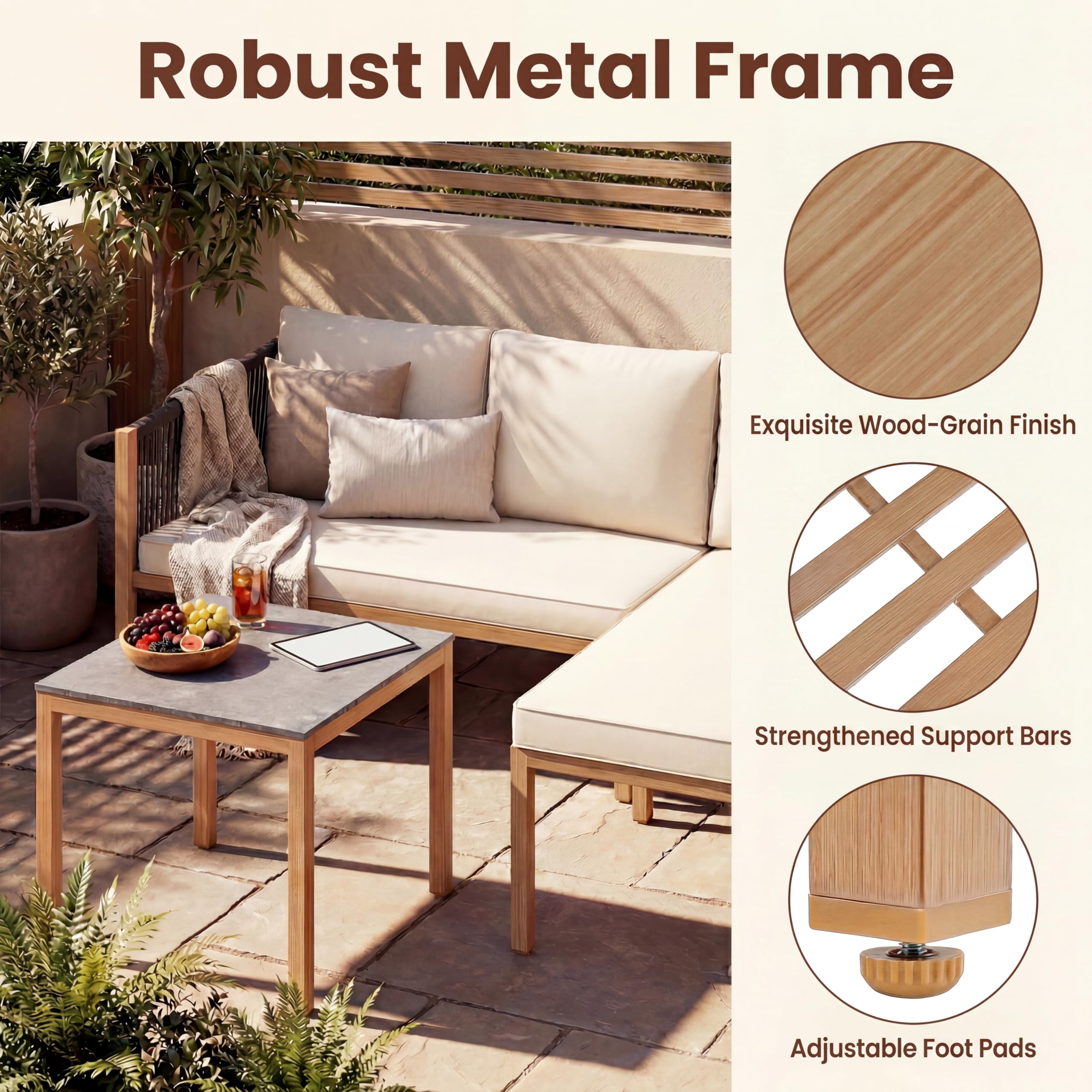 GIANTEX Conjunto de Muebles de Jardín de 3 Piezas, Set de Sofá de 2 Plazas, Tumbona y Mesa Cuadrada con Cojines de Fundas Desmontables, Marco de Metal, Tablero Efecto Mármol, para Terraza, Patio