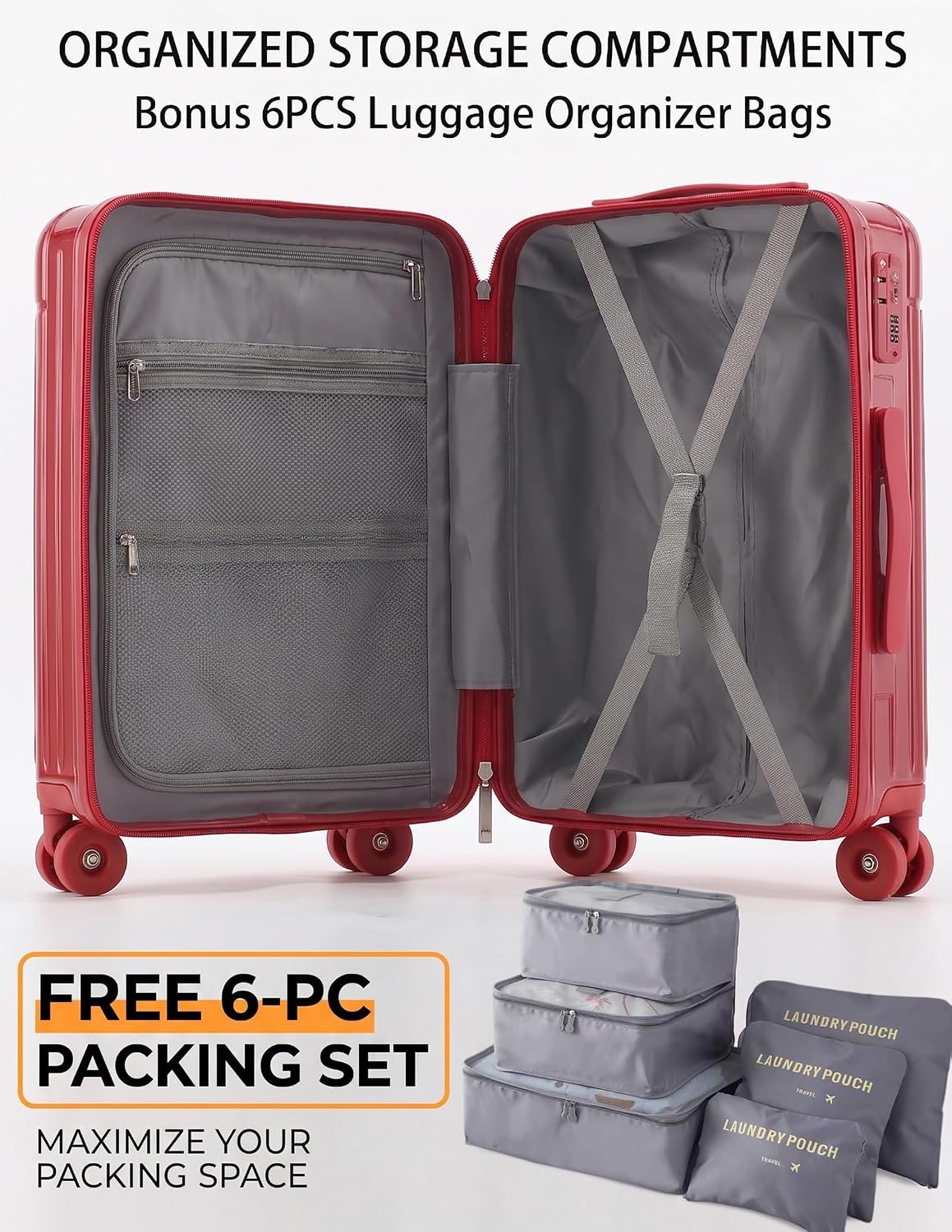 Carry on Luggage 22x14x9 Airline Approved for Women Men, 20 Inch PC Hardshell Carry-on Suitcase with Wheels, TSA Lock & Cup Holder, Aesthetic Lightweight Rolling Luggage for Short Trips, Red