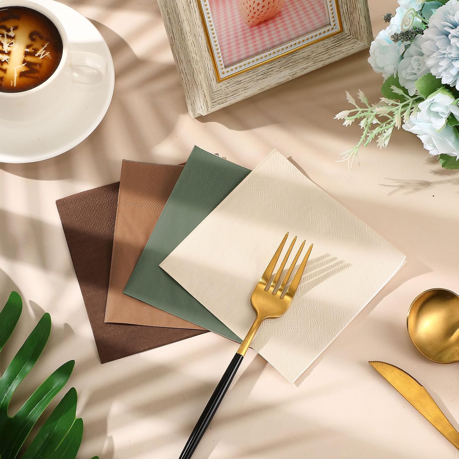 Layhit 100 Pcs Cocktail Napkins Disposable Beverage Napkins Square Paper Dessert Tissue for Wedding Birthday Celebration Party Supplies(Woodland Color,5 x 5 Inch)