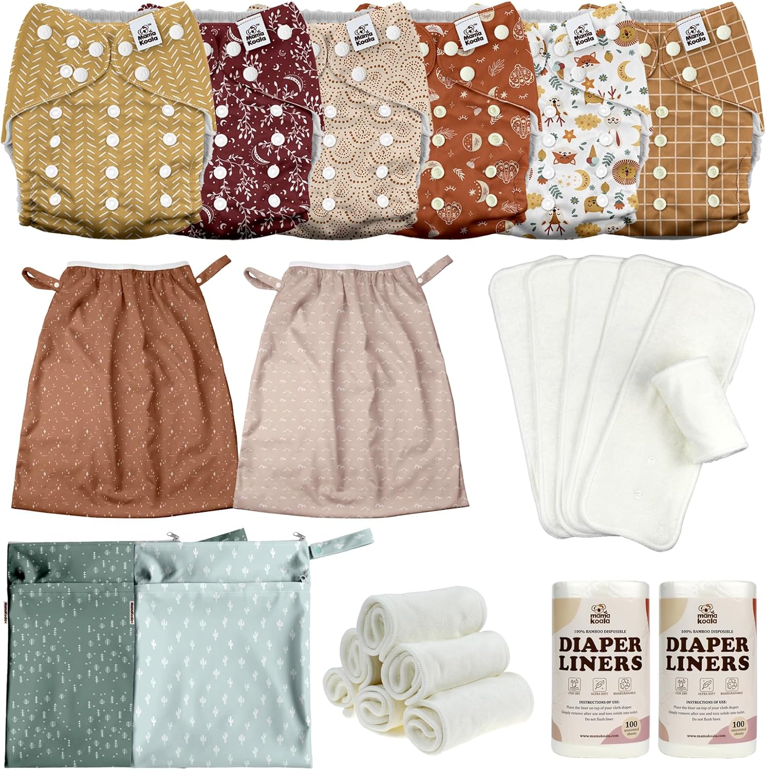 MK 3.0 Baby Cloth Diapers with 6 Inserts Bundle, with Bambo Liners, 5-Layer Bambo Inserts (6 Pack), Wet Bags and Pail Liners.