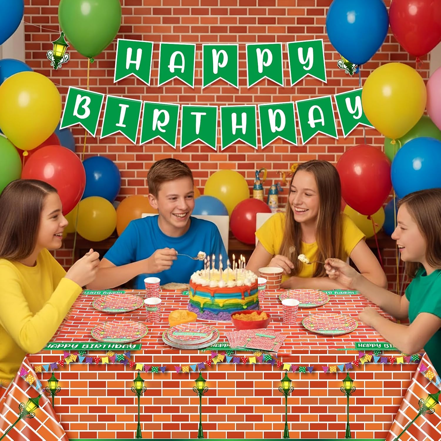 Qinyoung 171 Pcs Street Theme Birthday Party Decorations Red Brick Wall Street Party Supplies Happy Birthday Banner Plastic Tablecloth Paper Plates Tableware for Cartoon Theme Decorations