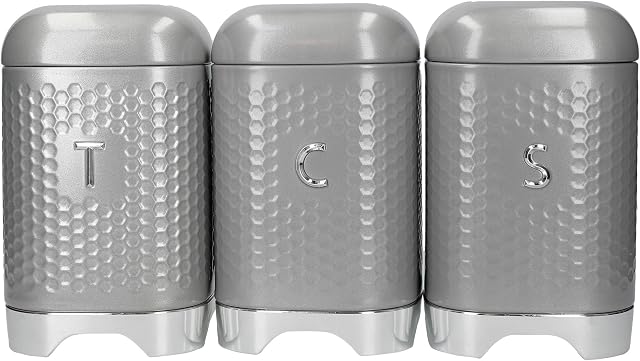 KitchenCraft Lovello Storage Canisters for Tea Coffee and Sugar in Gift Box, Textured Hexagonal Finish, Steel, Shadow Grey