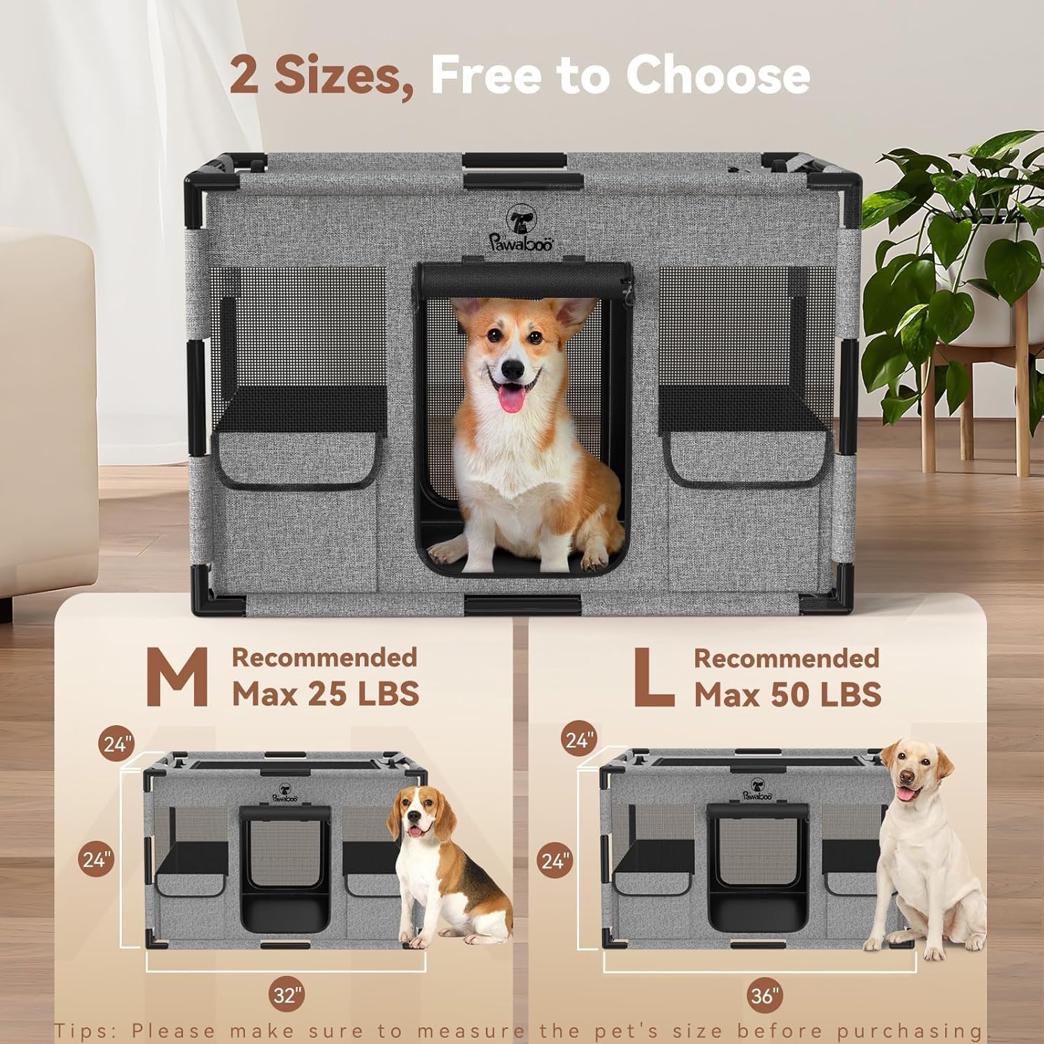 Pawaboo Box per Cani Cassa per Animali Domestici Extra Large, Cuccia per Cani in Rete, PVC Ispessito Telaio del Tubo Tenda, Recinto per Animali Domestici Traspirante, Grande, Nero & Grigio