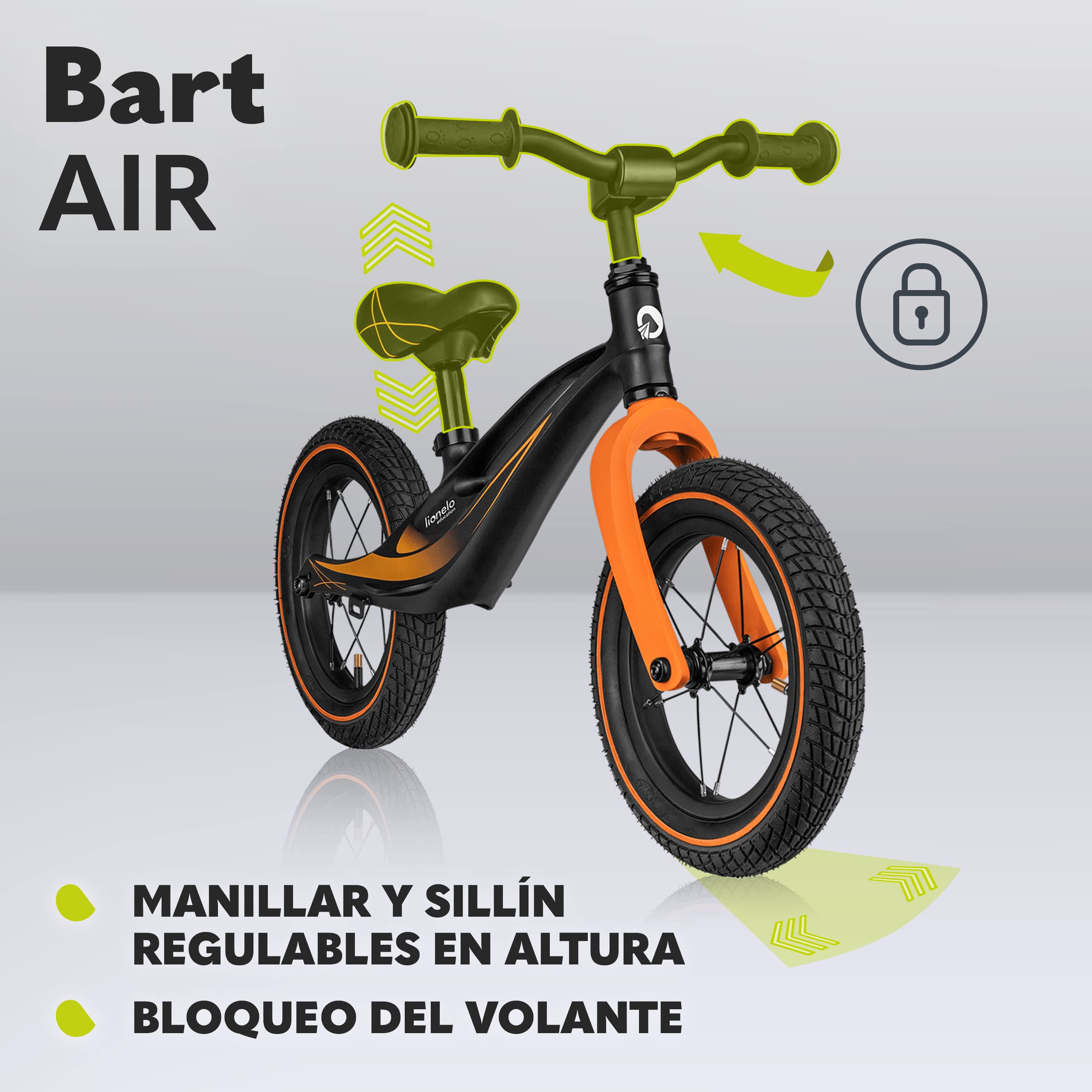 lionelo Bart Bicicleta sin Pedales de 2 años hasta 30kg, Cuadro de magnesio, al Estilo Deportivo, Ruedas 12", Altura de Manillar y sillín Regulable, Muy Robusta y Ligera (Negro, Bart Air)