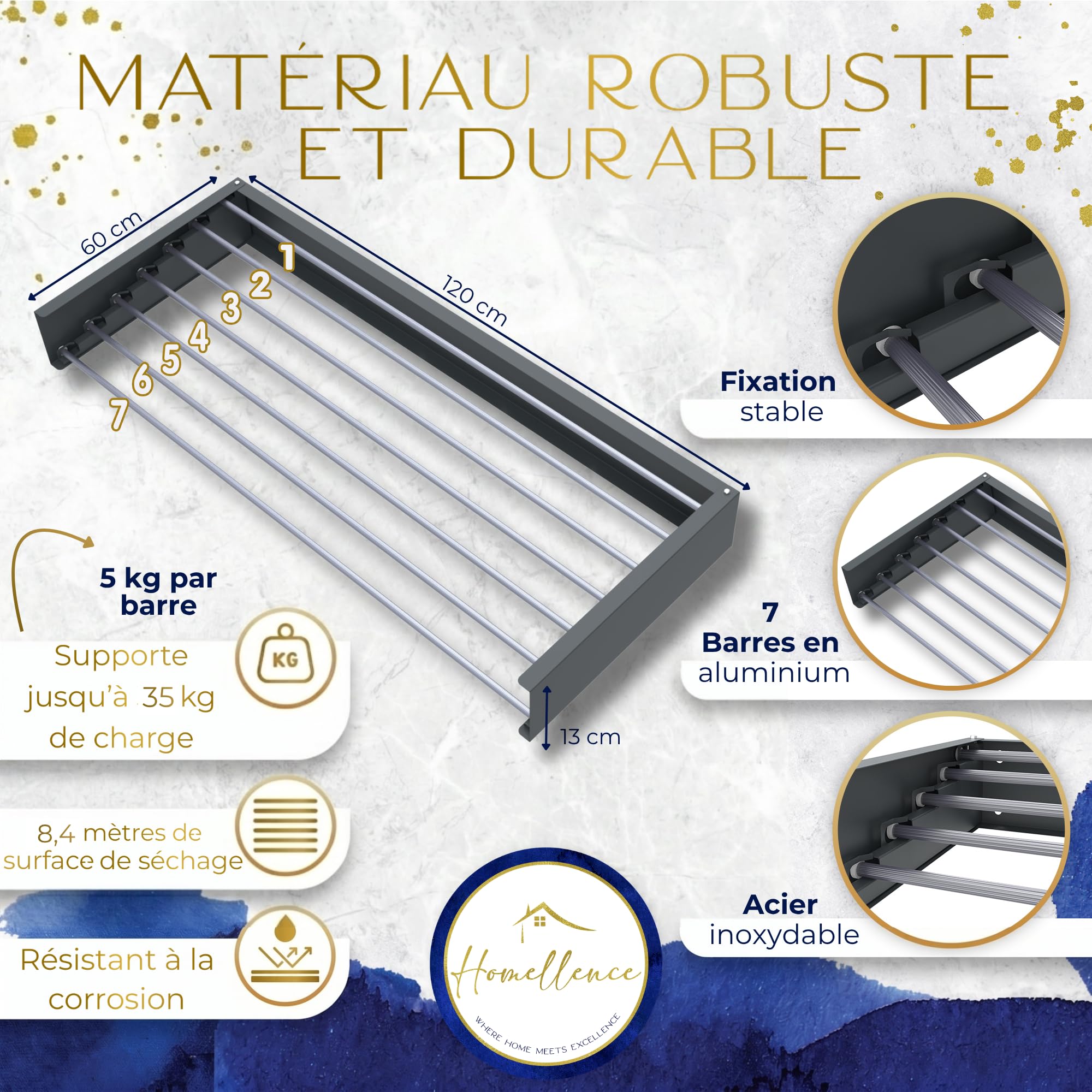 Homellence Étendoir à linge mural élégant - Étendoir mural pliant et rétractable - Étendoir mural escamotable gain de place - Étendoir mural rétractable (120 cm, Anthracite)