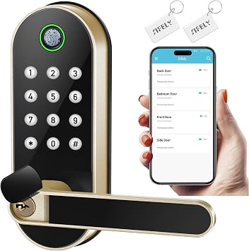 Fingerprint Smart Door Lock with Handle & Keypad Bluetooth Keyless Entry for Front Door, Home, Kids, Guests, Airbnb & Rental, App + Code Access, Compatible with Alexa & Google, Easy DIY Install